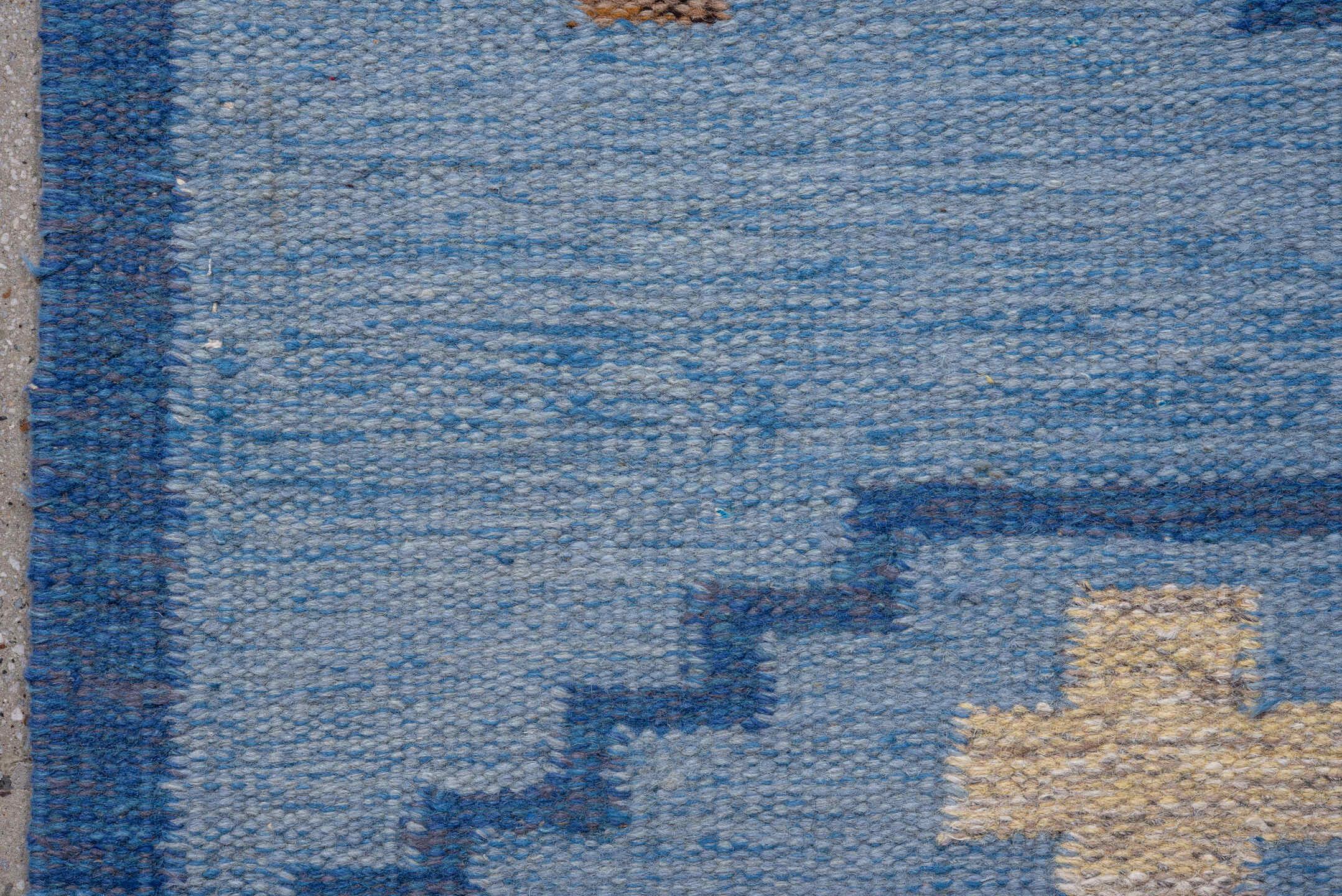 5' x 7' one-of-a-kind handmade antique Rollaken rug. Color palette: sky blue, navy, ivory, taupe, slate blue, light blue