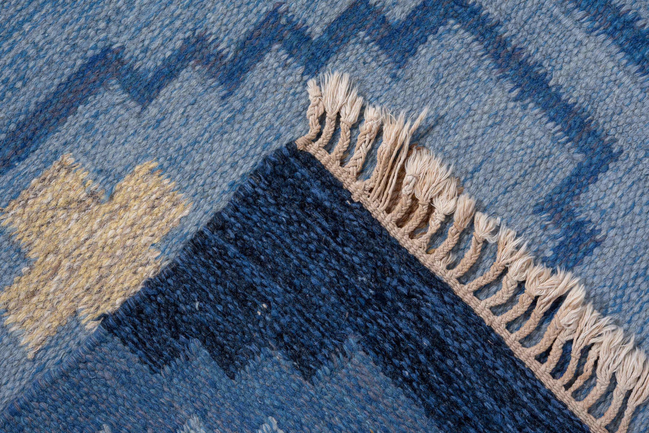 5' x 7' one-of-a-kind handmade vintage Rollaken rug. Color palette: blue, brown, gainsboro, gray, light blue, light gray