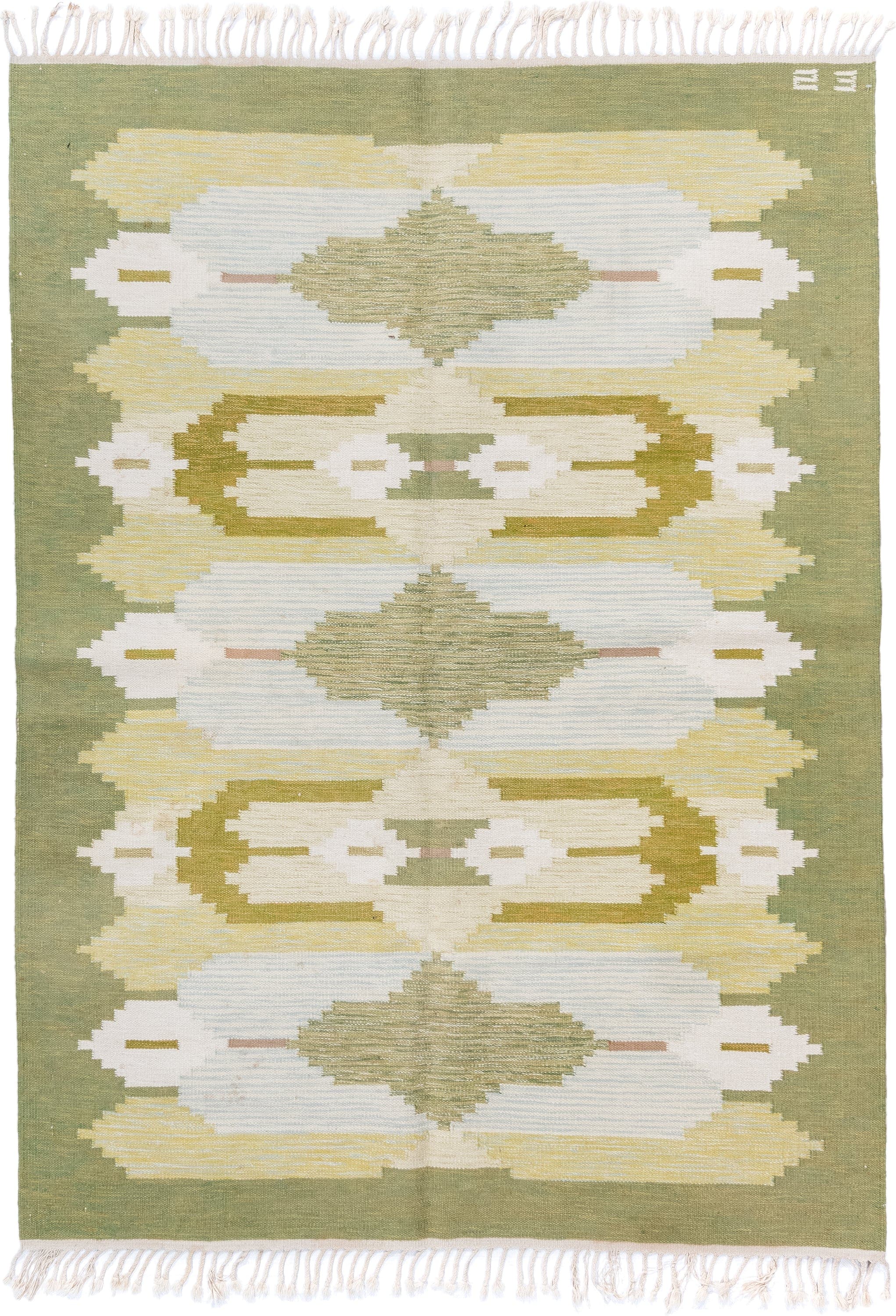 5' x 7' one-of-a-kind handmade antique Rollaken rug. Color palette: olive, ivory, pale_blue, butter_yellow, sage, taupe