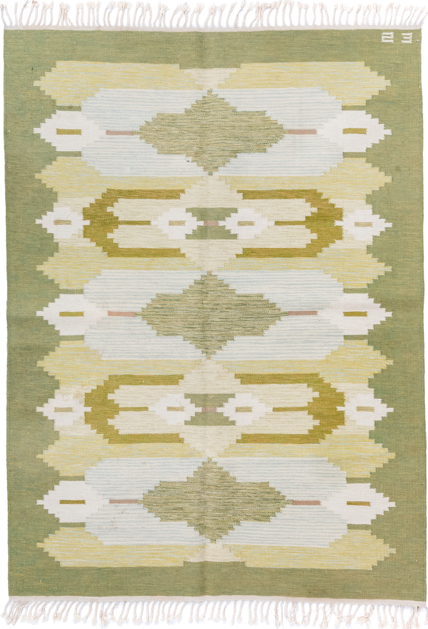 5' x 7' one-of-a-kind handmade antique Rollaken rug. Color palette: olive, ivory, pale_blue, butter_yellow, sage, taupe