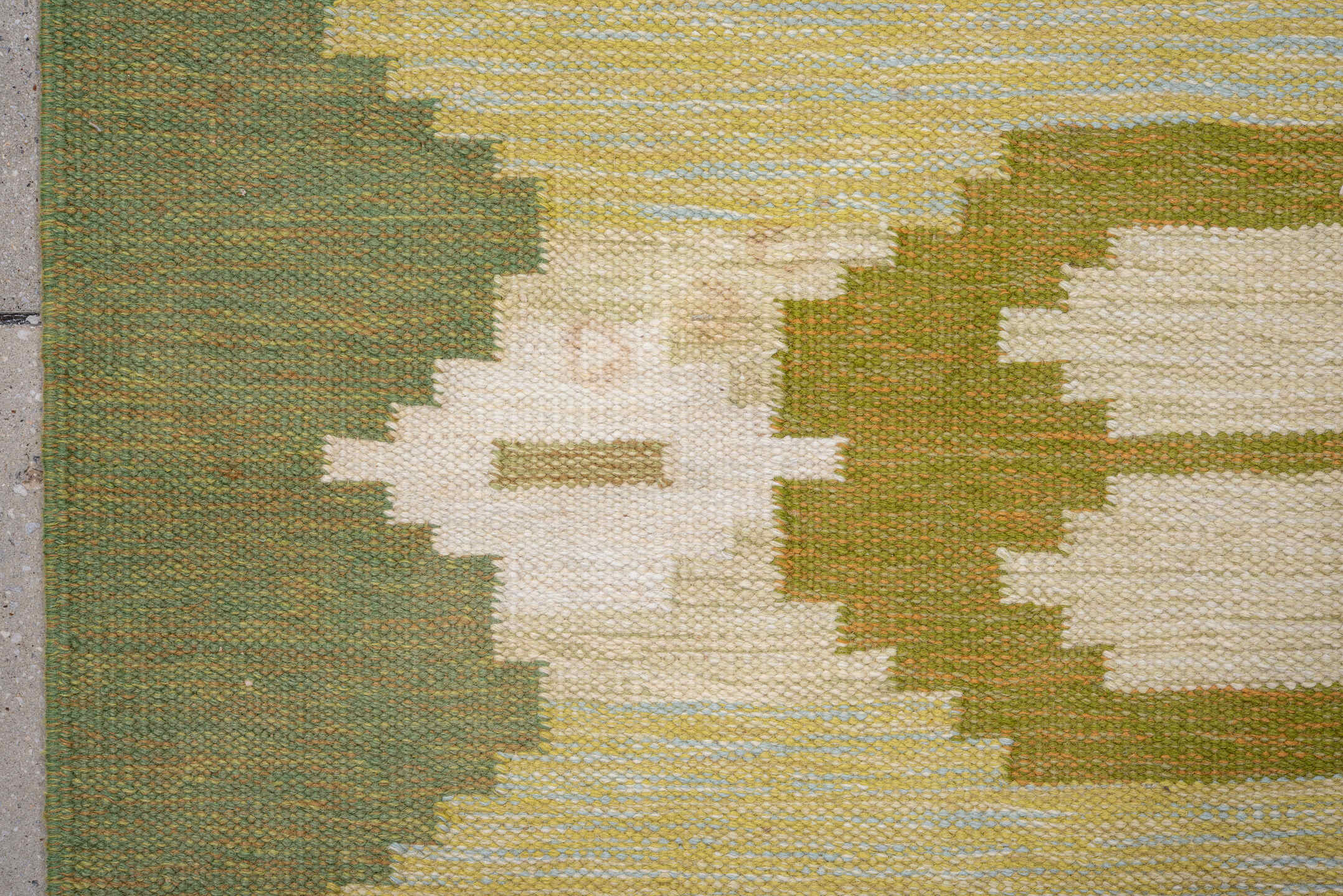 5' x 7' one-of-a-kind handmade antique Rollaken rug. Color palette: olive, ivory, pale_blue, butter_yellow, sage, taupe