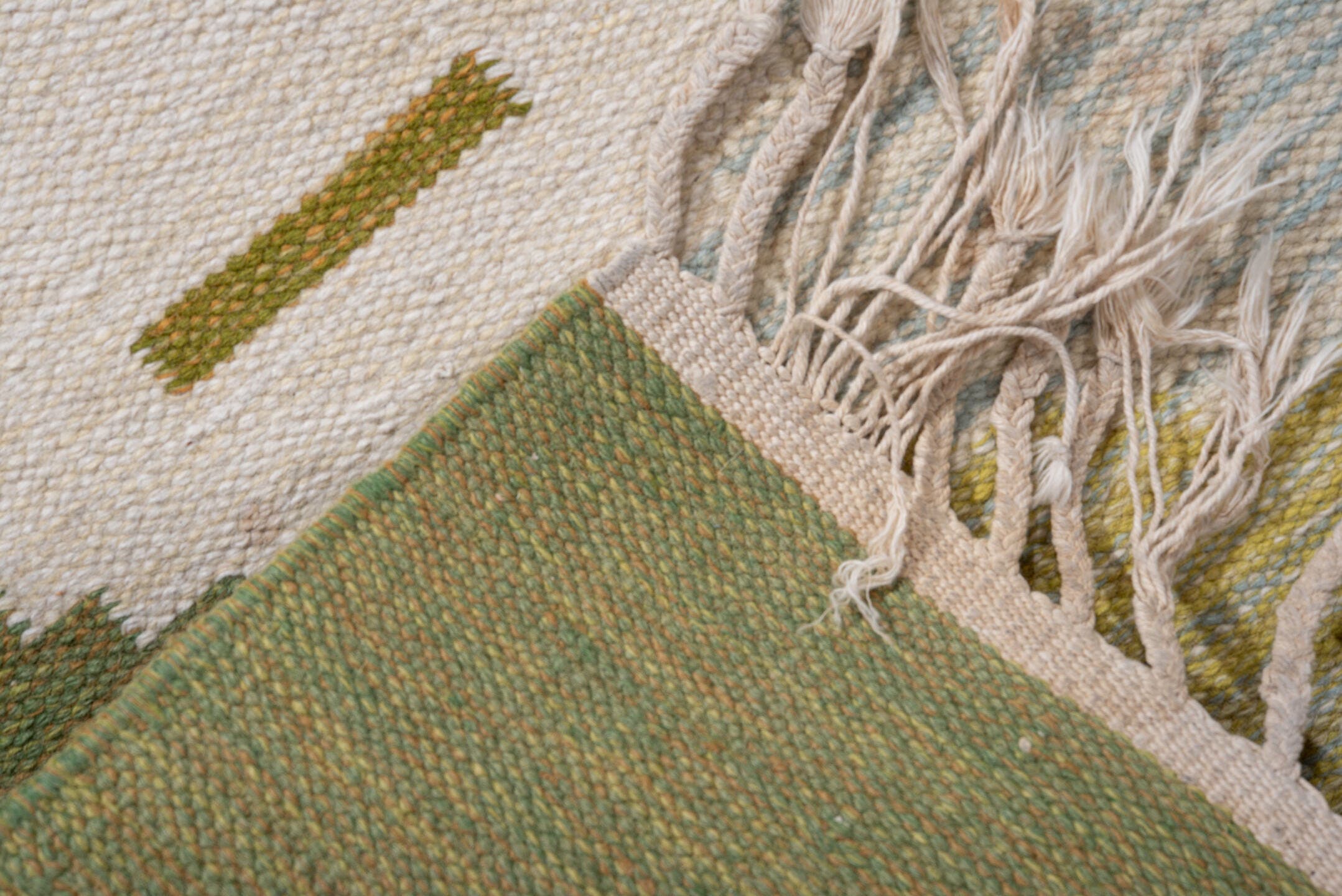 5' x 7' one-of-a-kind handmade antique Rollaken rug. Color palette: olive, ivory, pale_blue, butter_yellow, sage, taupe