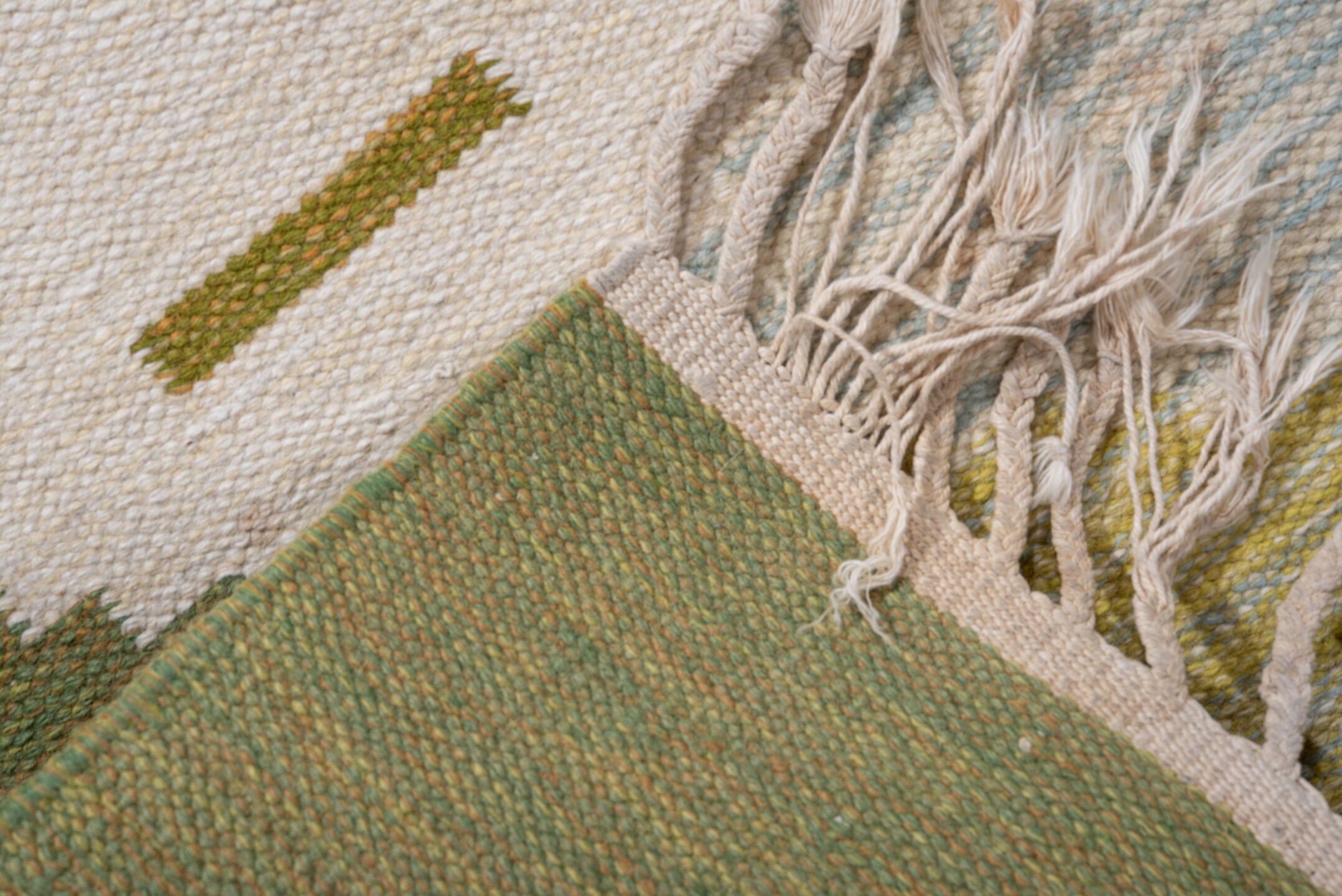 5' x 7' one-of-a-kind handmade antique Rollaken rug. Color palette: olive, ivory, pale_blue, butter_yellow, sage, taupe