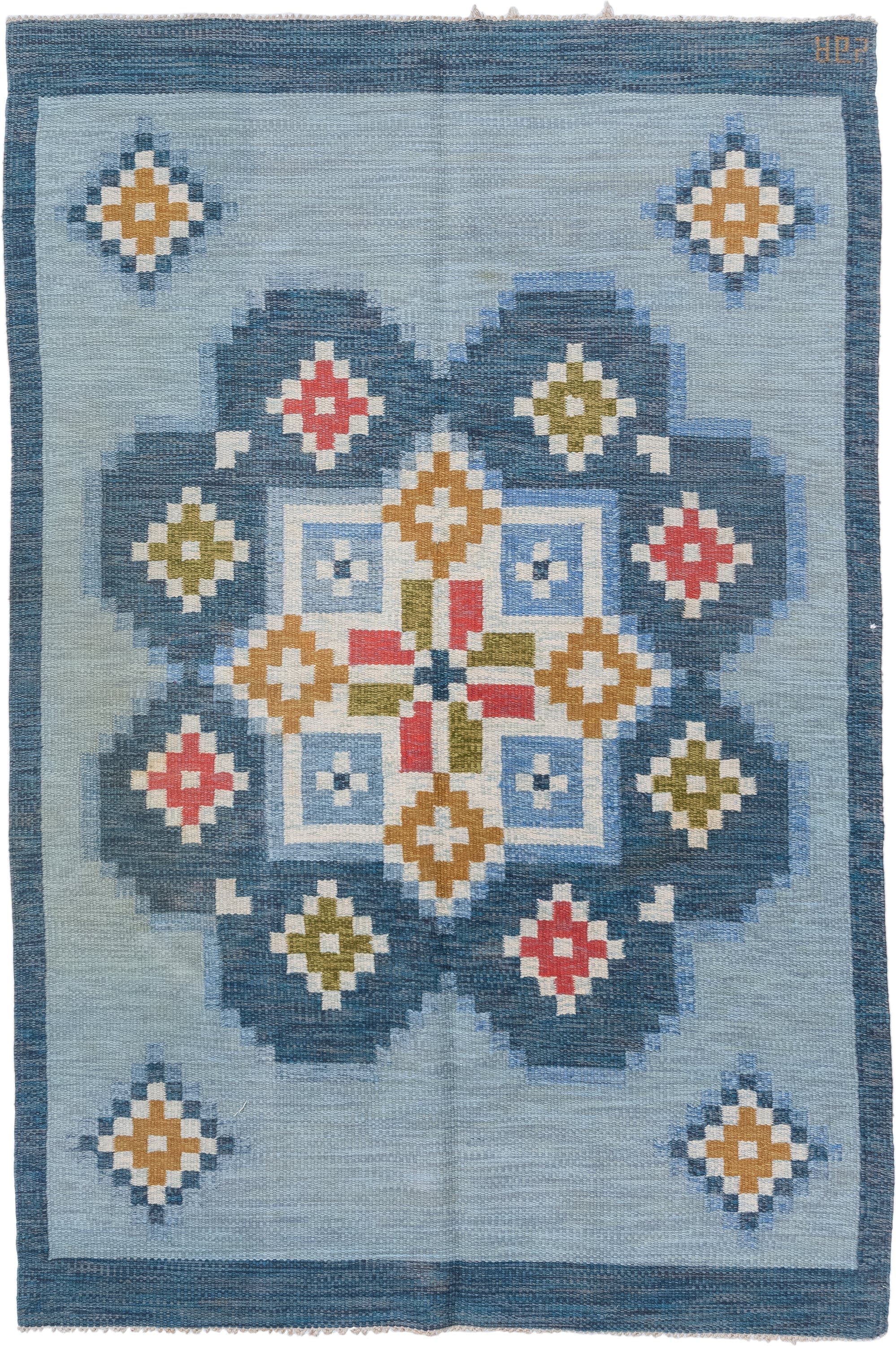 5' x 8' one-of-a-kind handmade antique Rollaken medium size rug. Color palette: light blue, slate blue, ivory, gold, olive