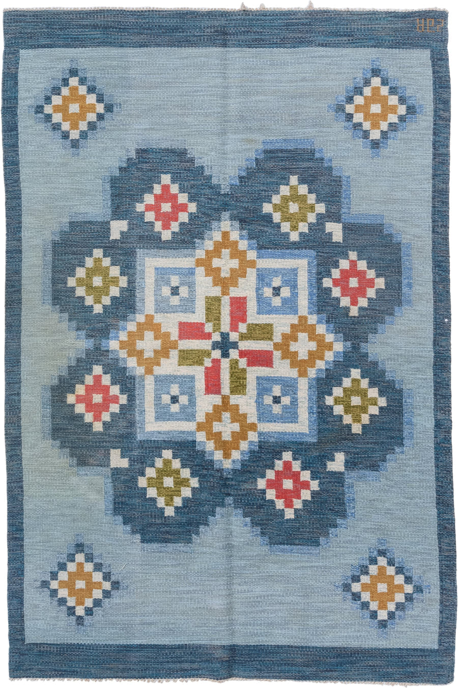 5' x 8' one-of-a-kind handmade antique Rollaken medium size rug. Color palette: light blue, slate blue, ivory, gold, olive