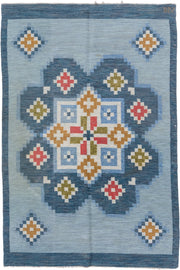 5' x 8' one-of-a-kind handmade antique Rollaken medium size rug. Color palette: light blue, slate blue, ivory, gold, olive