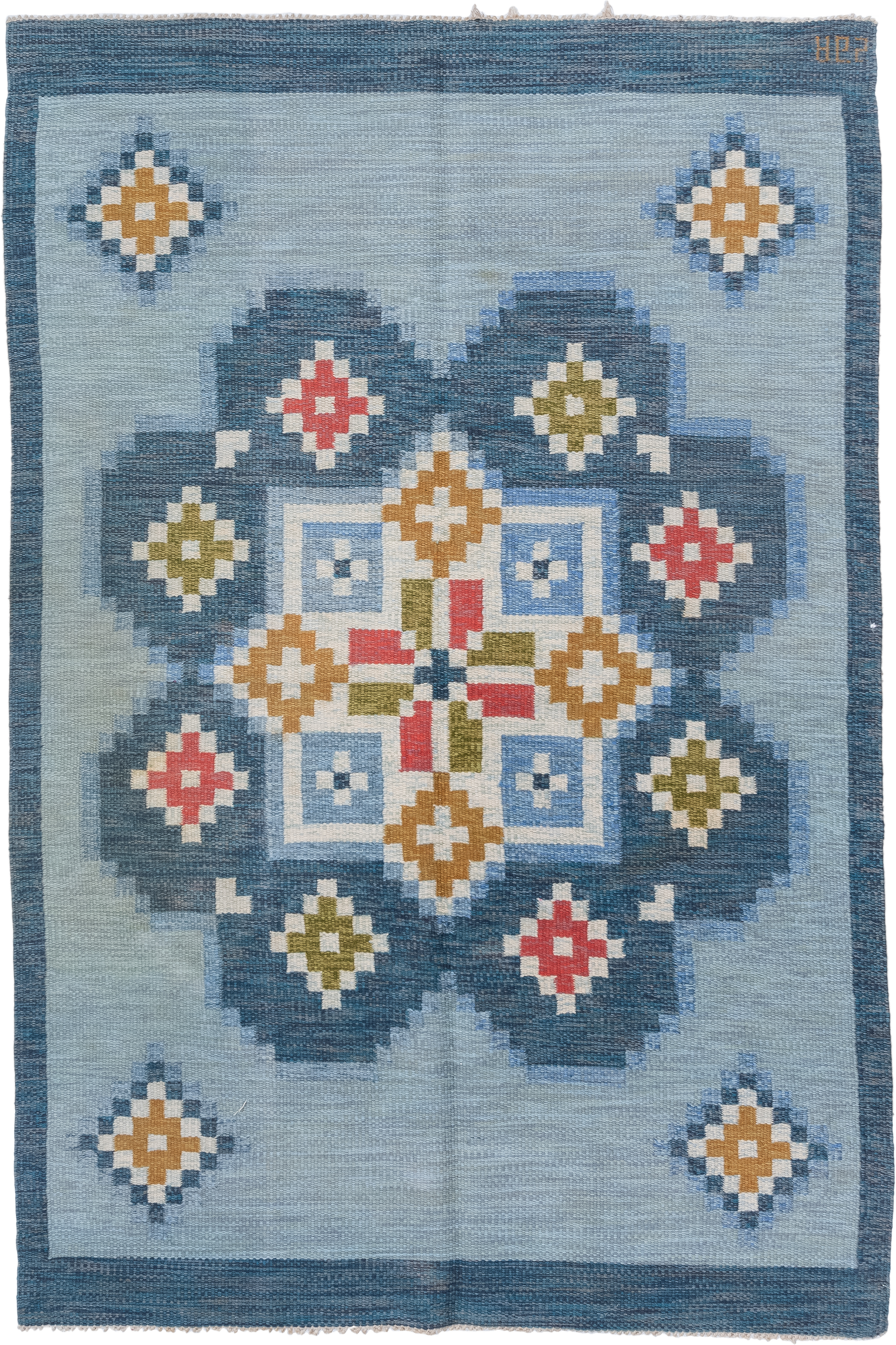 5' x 8' one-of-a-kind handmade antique Rollaken medium size rug. Color palette: light blue, slate blue, ivory, gold, olive