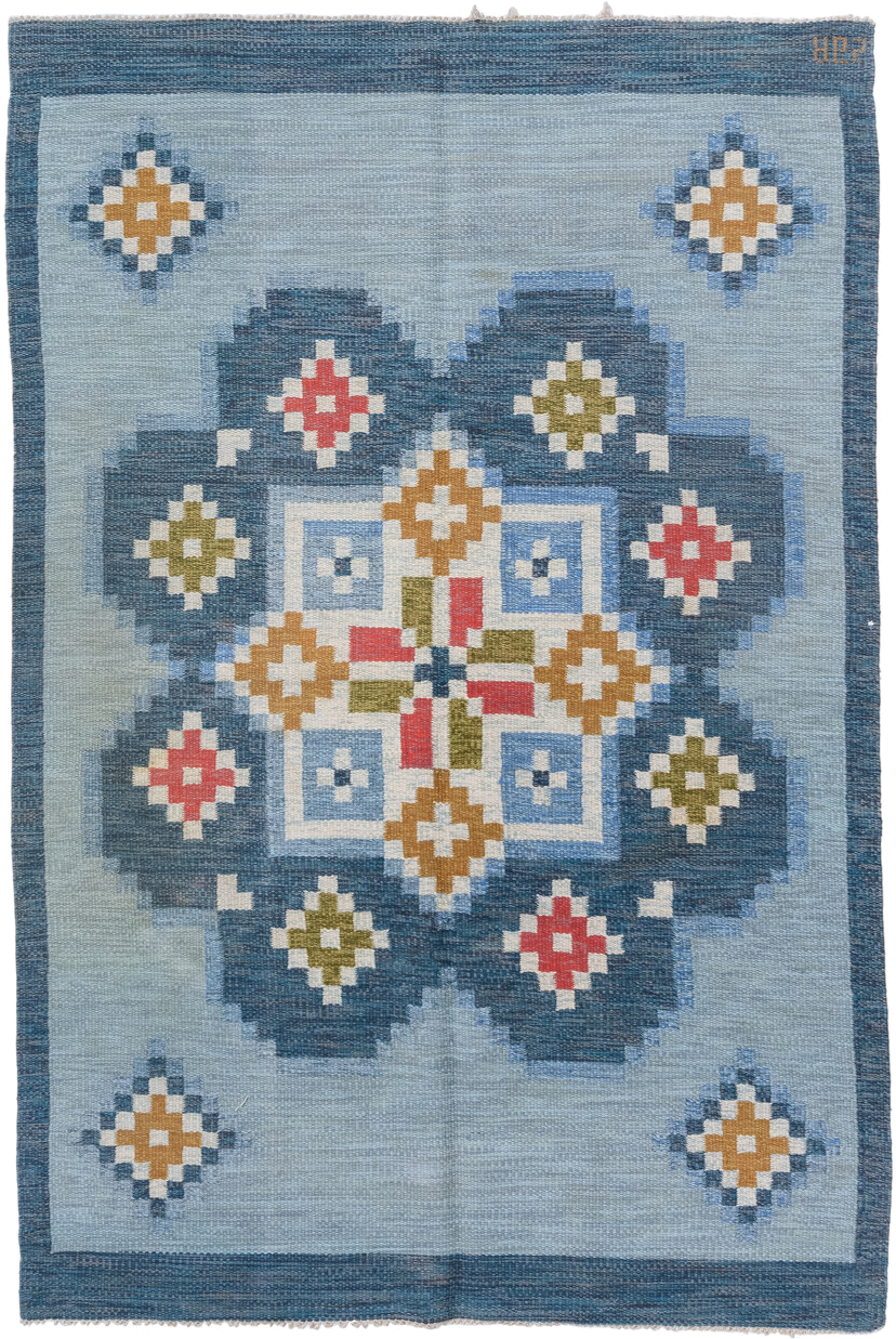 5' x 8' one-of-a-kind handmade antique Rollaken medium size rug. Color palette: light blue, slate blue, ivory, gold, olive