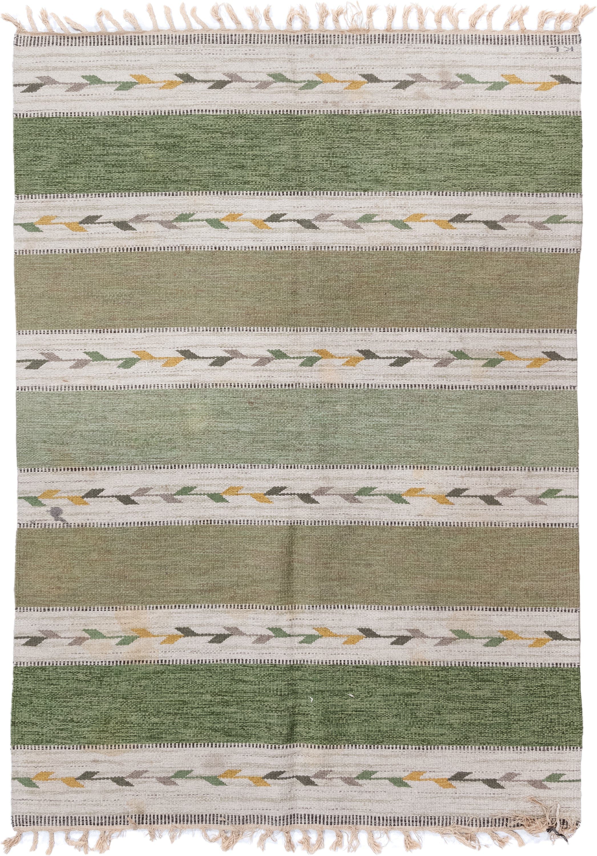 5' x 7' one-of-a-kind handmade antique Rollaken rug. Color palette: olive, ivory, sage, taupe, gold, gray, green, beige