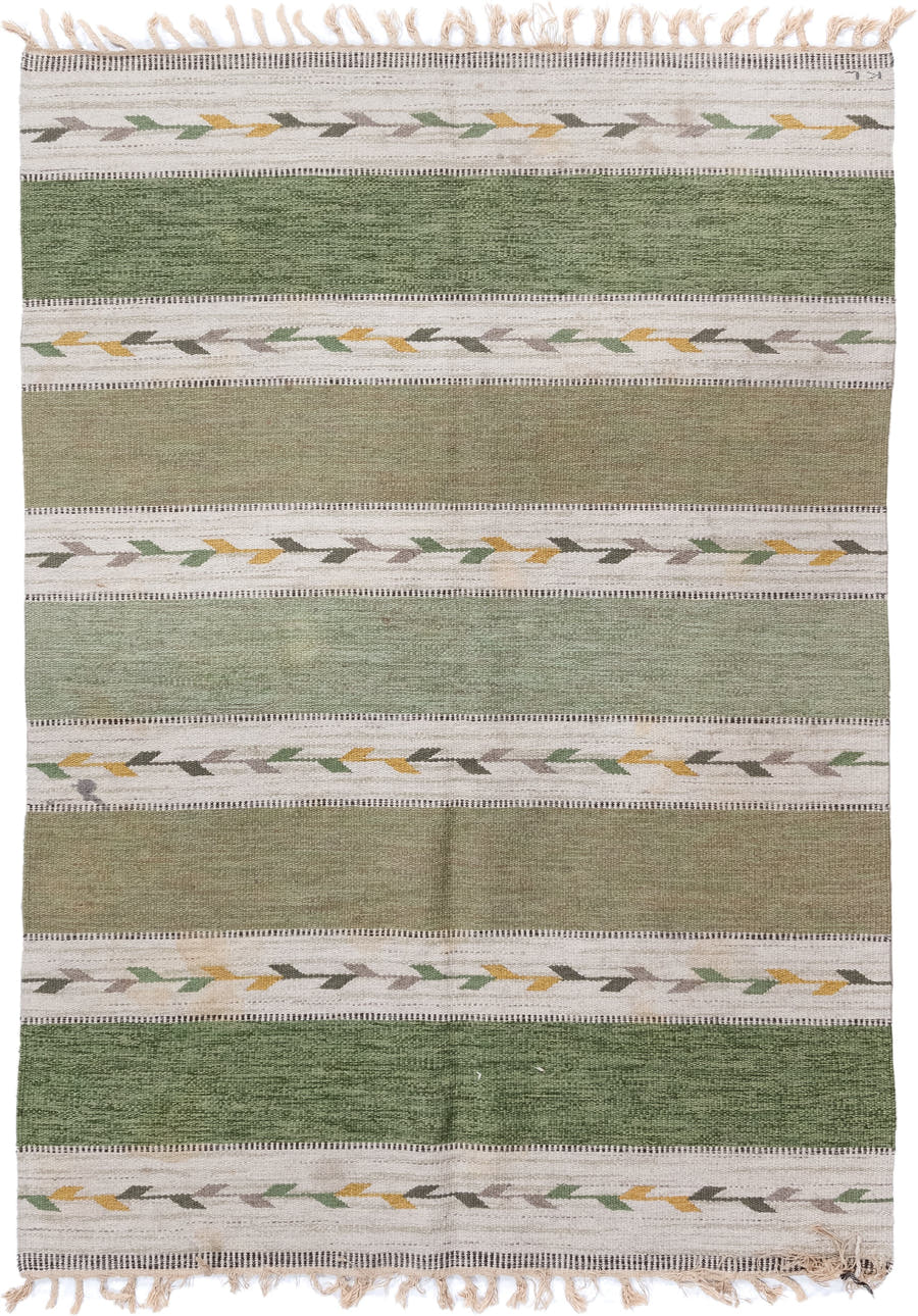 5' x 7' one-of-a-kind handmade antique Rollaken rug. Color palette: olive, ivory, sage, taupe, gold, gray, green, beige
