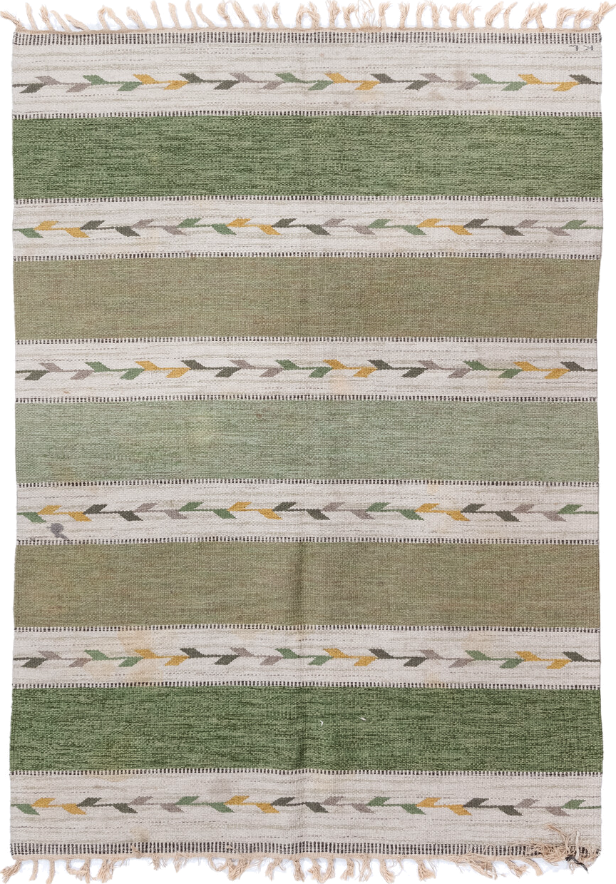 5' x 7' one-of-a-kind handmade antique Rollaken rug. Color palette: olive, ivory, sage, taupe, gold, gray, green, beige