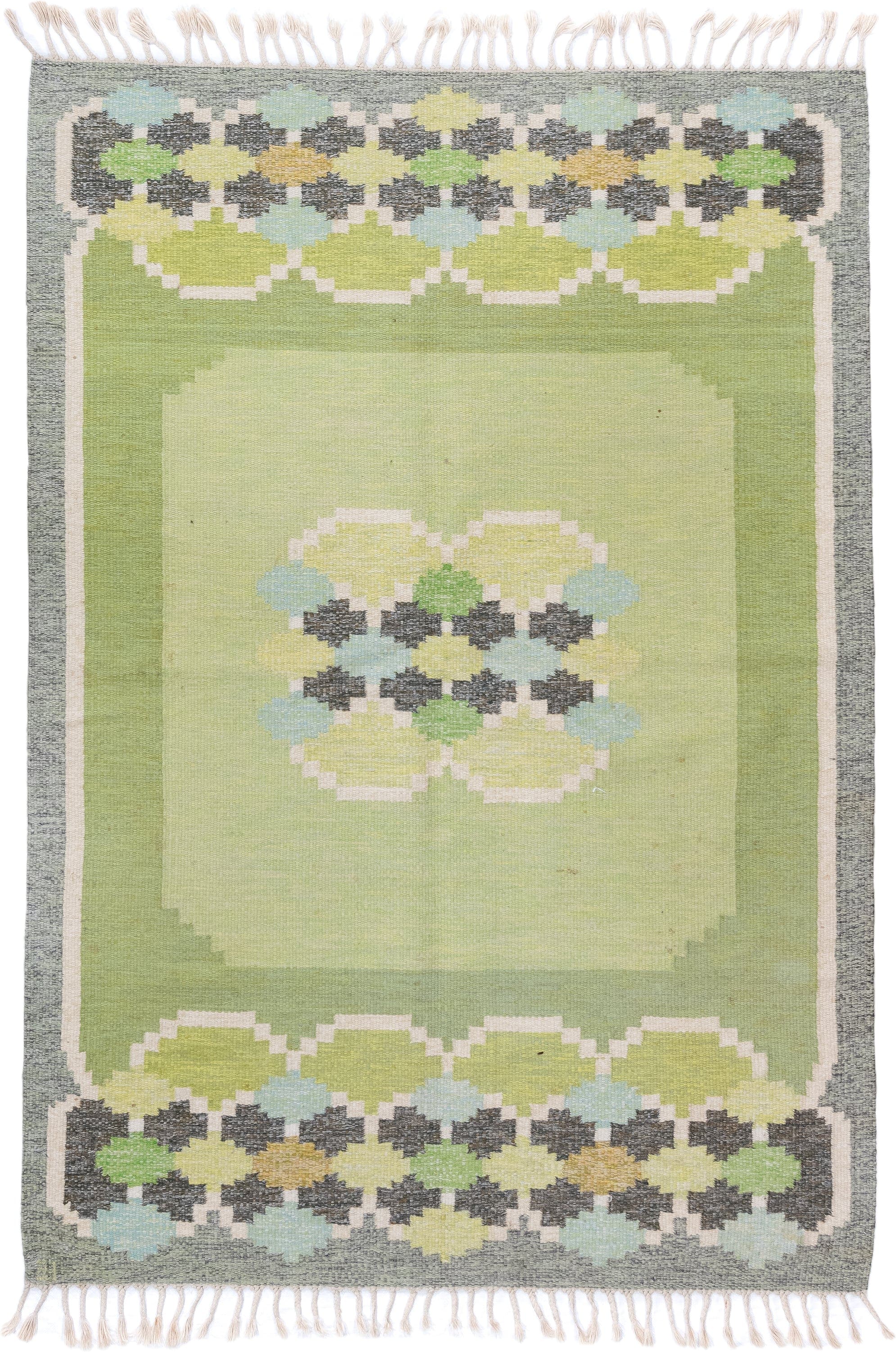 5' x 7' one-of-a-kind handmade antique Rollaken rug. Color palette: sage, pale_green, charcoal, ivory, pale_blue