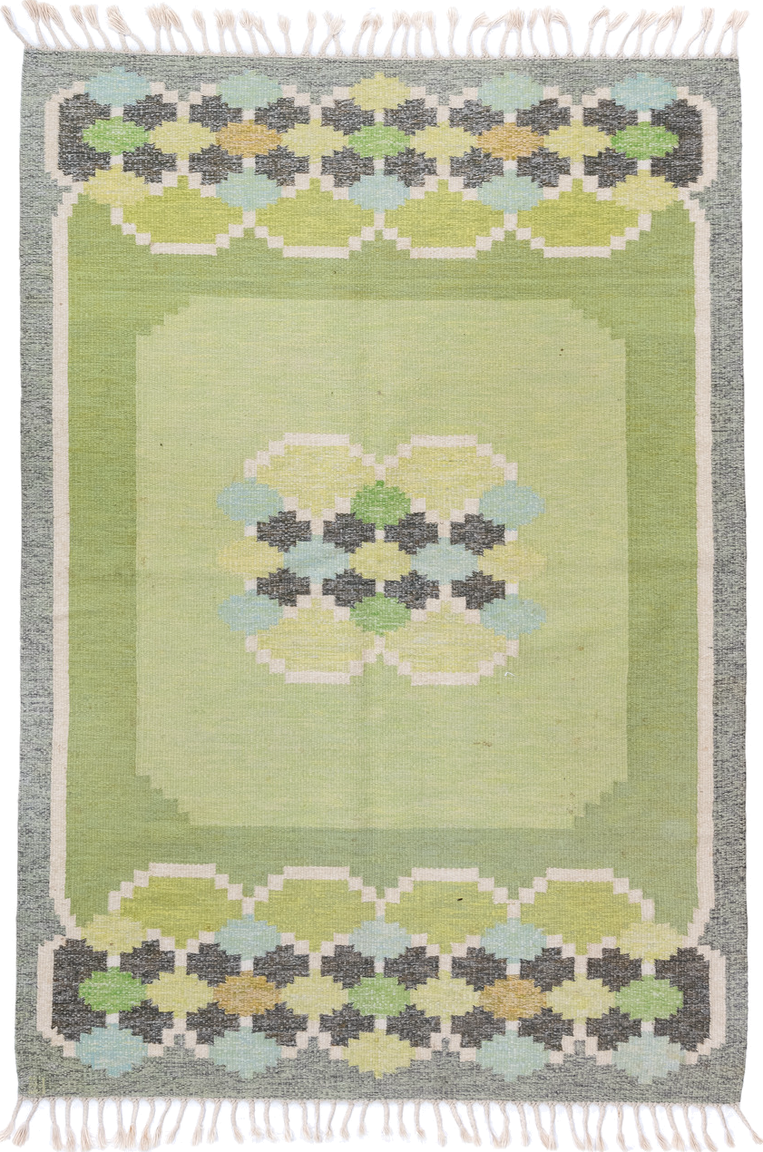 5' x 7' one-of-a-kind handmade antique Rollaken rug. Color palette: sage, pale_green, charcoal, ivory, pale_blue