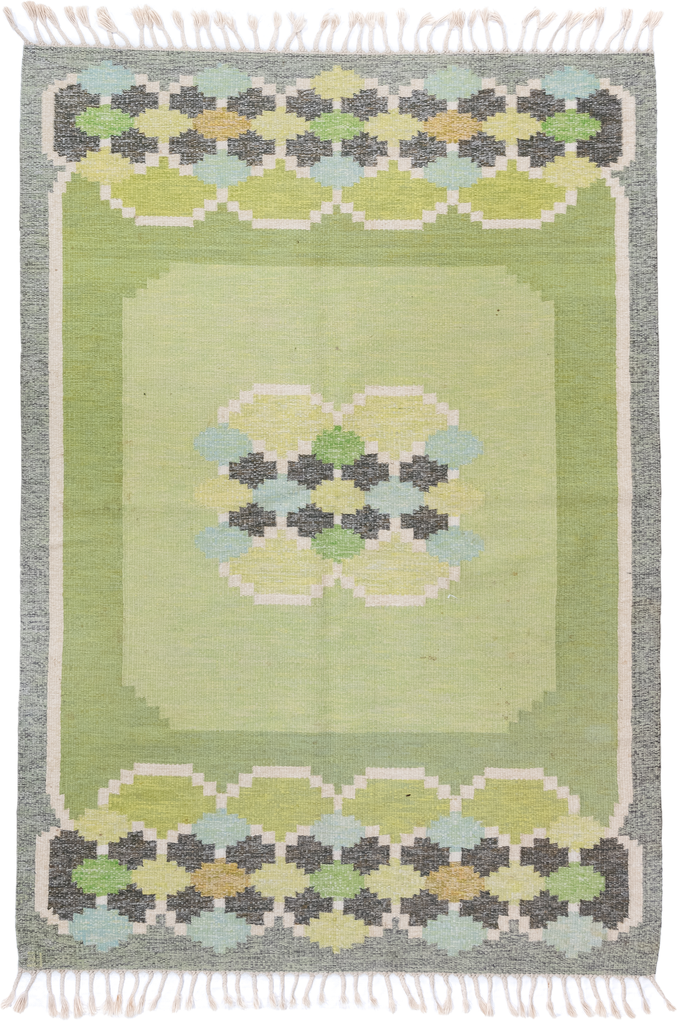 5' x 7' one-of-a-kind handmade antique Rollaken rug. Color palette: sage, pale_green, charcoal, ivory, pale_blue