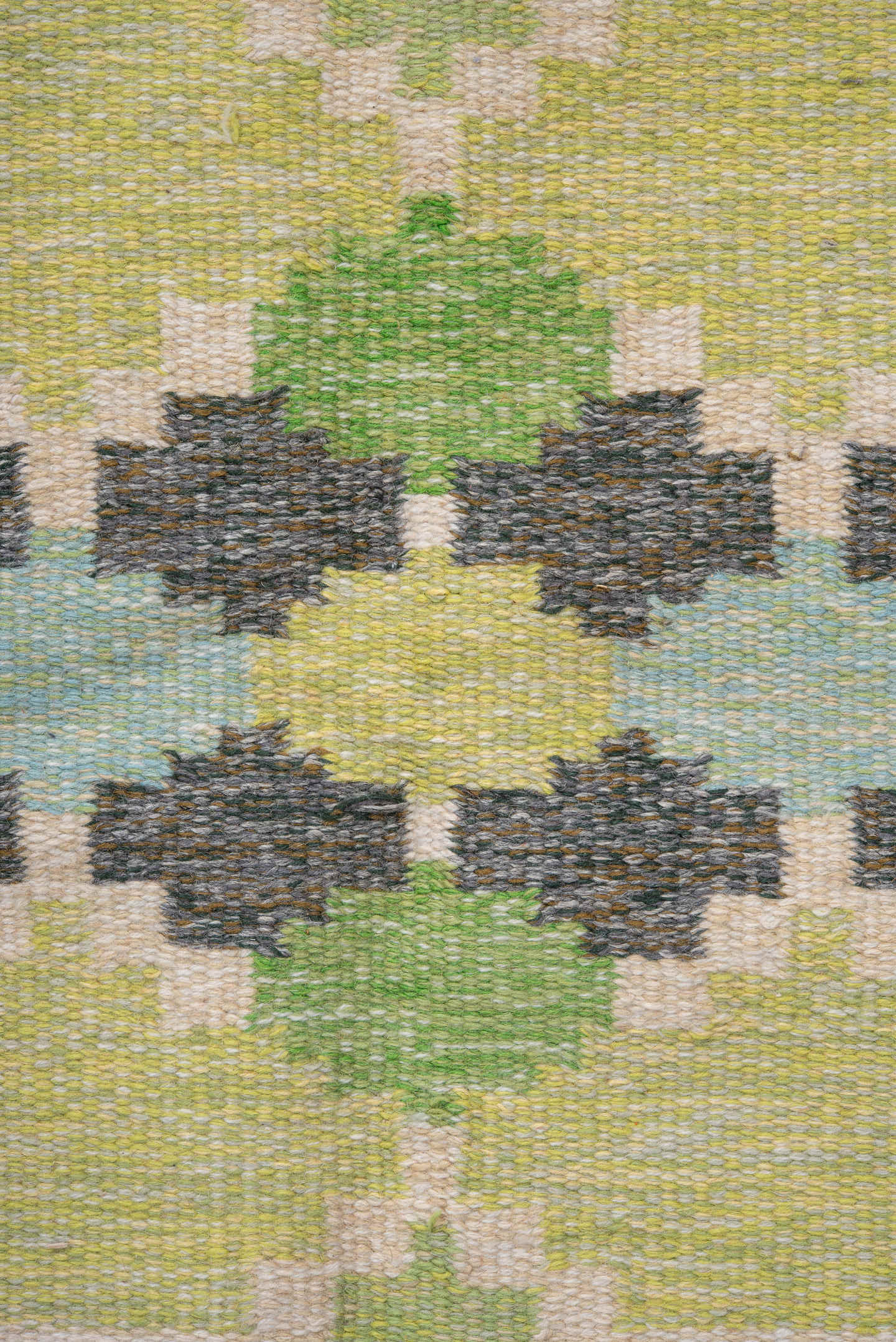5' x 7' one-of-a-kind handmade antique Rollaken rug. Color palette: sage, pale_green, charcoal, ivory, pale_blue