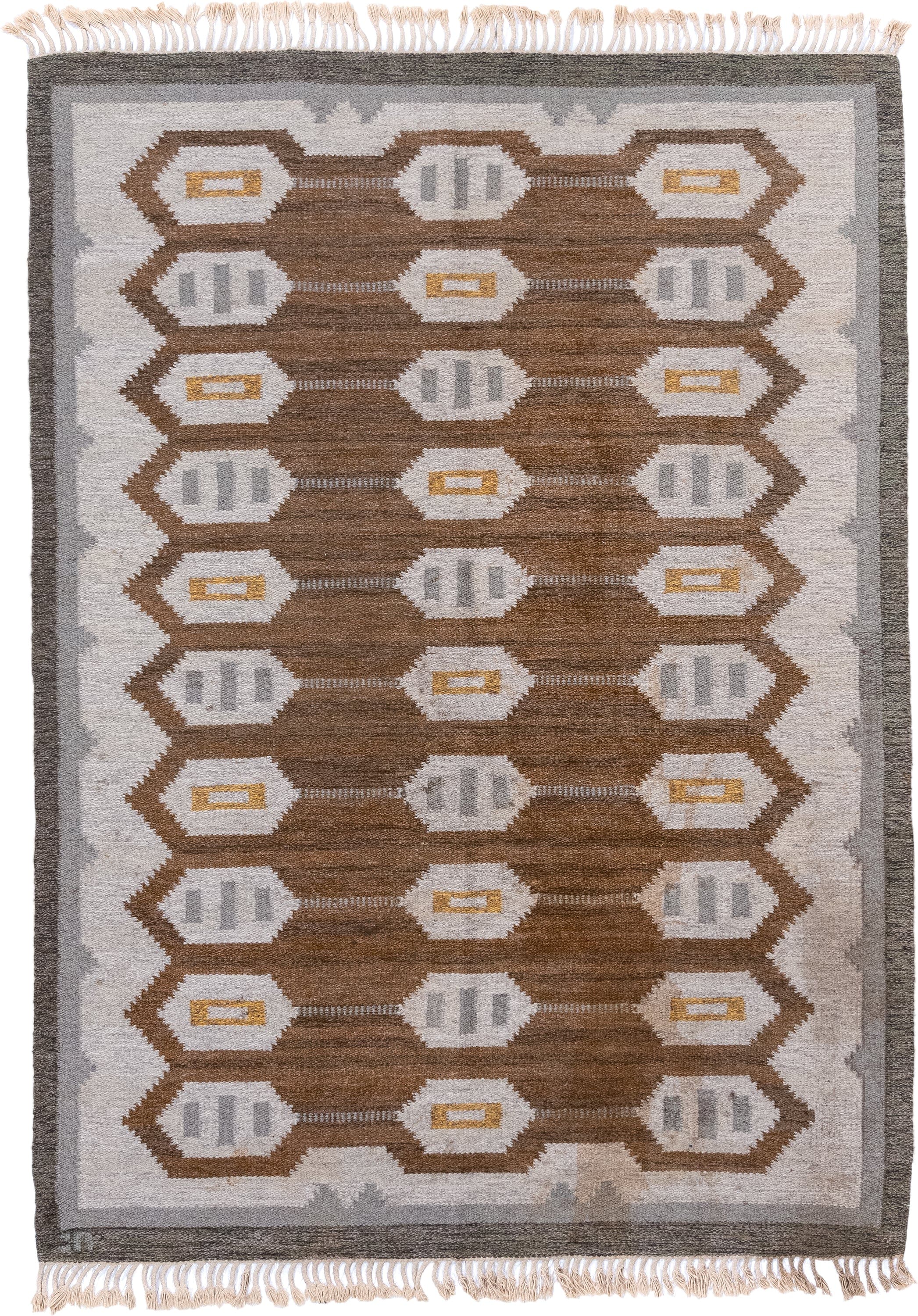 5' x 7' one-of-a-kind handmade antique Rollaken rug. Color palette: brown, ivory, gray, taupe, gold, beige