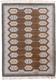 5' x 7' one-of-a-kind handmade antique Rollaken rug. Color palette: brown, ivory, gray, taupe, gold, beige