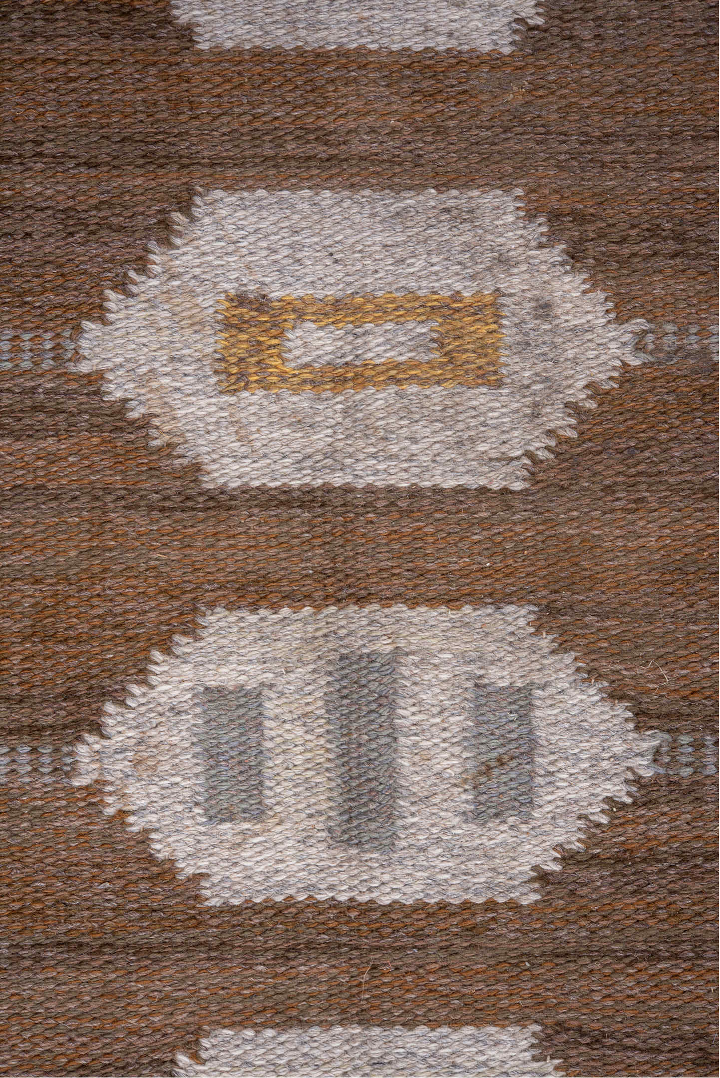 5' x 7' one-of-a-kind handmade antique Rollaken rug. Color palette: brown, ivory, gray, taupe, gold, beige