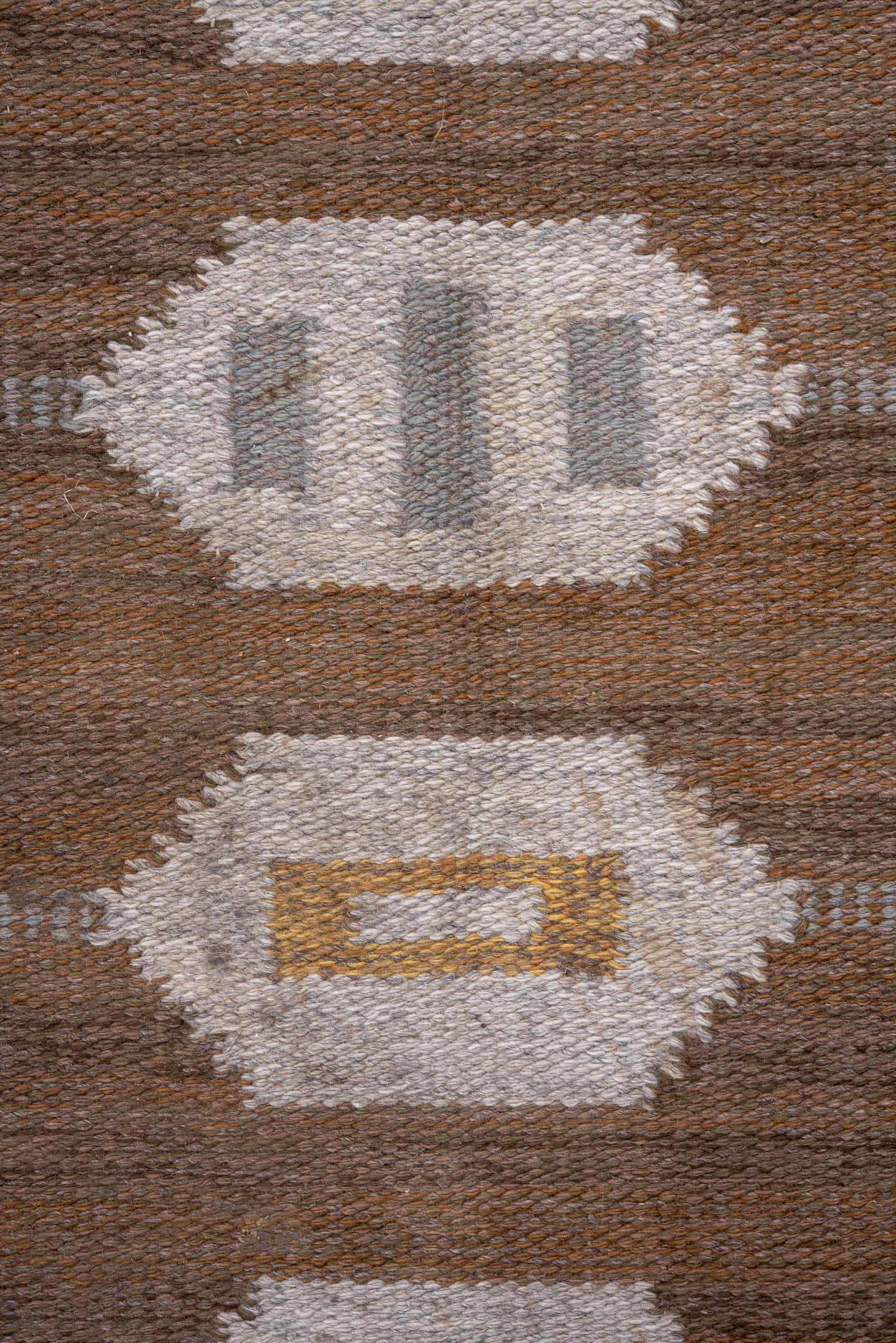 5' x 7' one-of-a-kind handmade antique Rollaken rug. Color palette: brown, ivory, gray, taupe, gold, beige