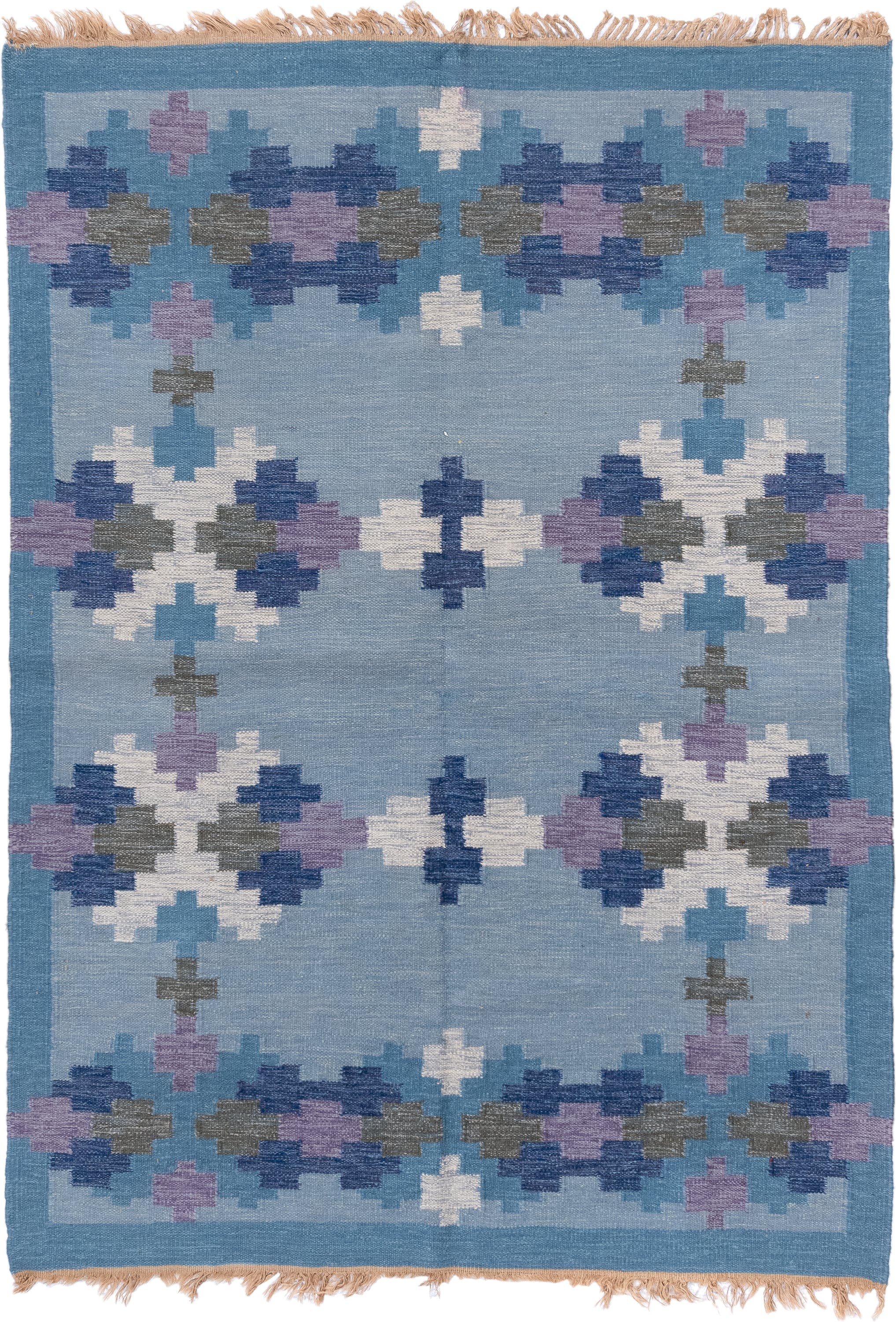5' x 7' one-of-a-kind handmade antique Rollaken rug. Color palette: sky blue, cornflower blue, navy, ivory, lavender, slate