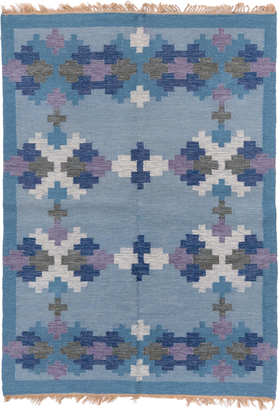5' x 7' one-of-a-kind handmade antique Rollaken rug. Color palette: sky blue, cornflower blue, navy, ivory, lavender, slate