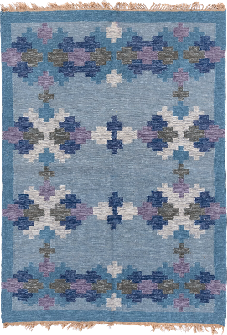 5' x 7' one-of-a-kind handmade antique Rollaken rug. Color palette: sky blue, cornflower blue, navy, ivory, lavender, slate