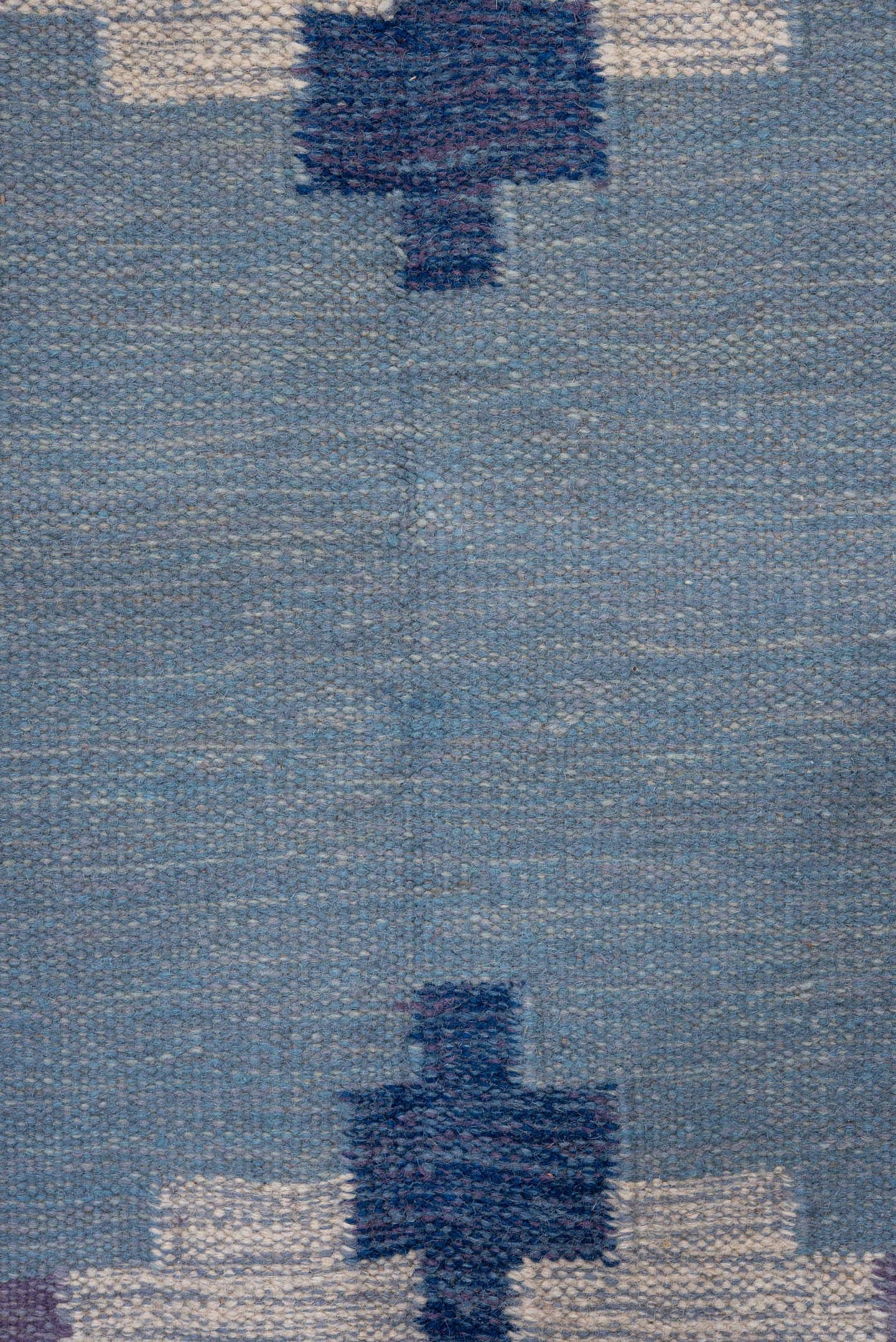 5' x 7' one-of-a-kind handmade antique Rollaken rug. Color palette: sky blue, cornflower blue, navy, ivory, lavender, slate