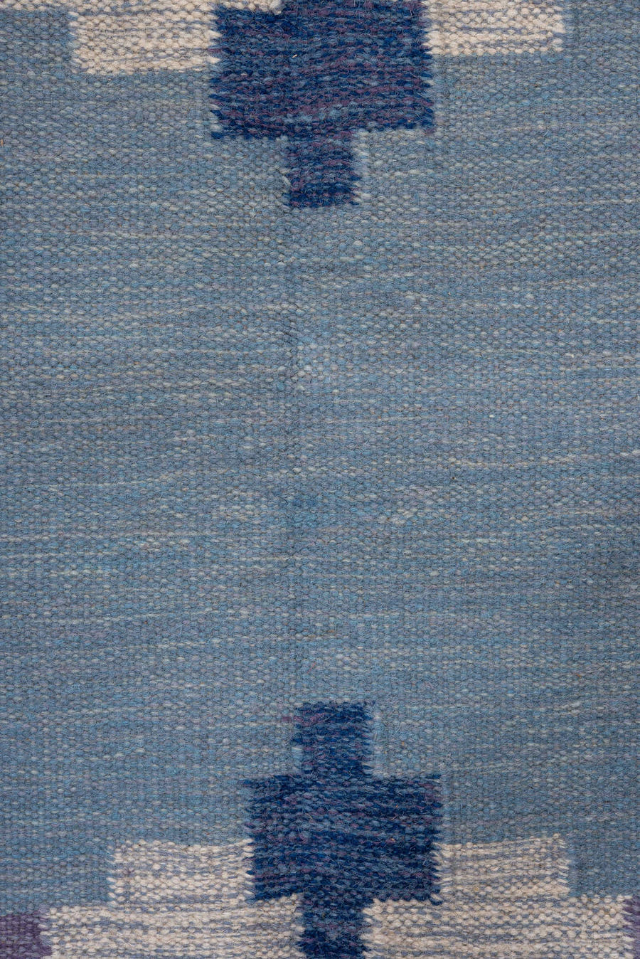 5' x 7' one-of-a-kind handmade antique Rollaken rug. Color palette: sky blue, cornflower blue, navy, ivory, lavender, slate