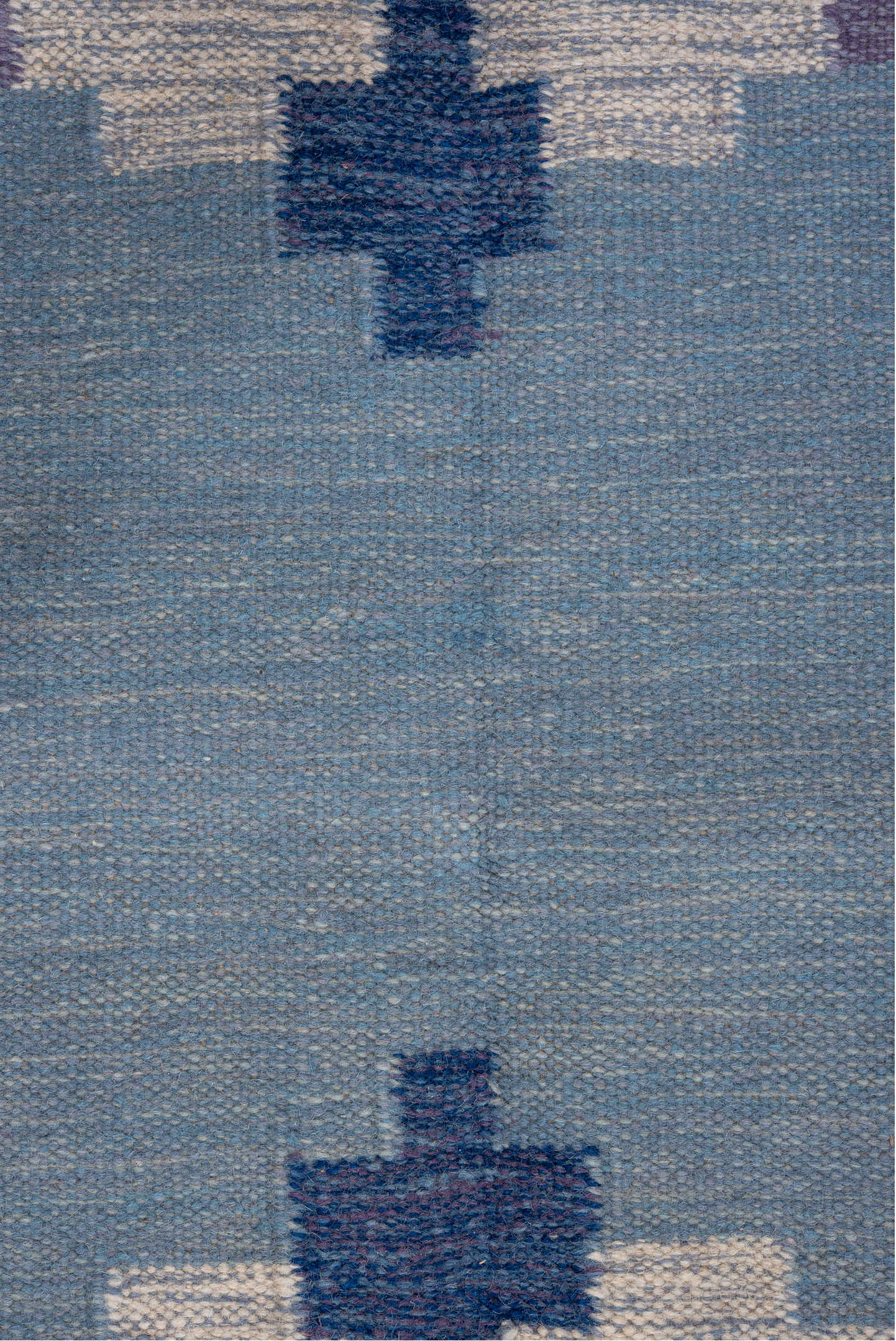 5' x 7' one-of-a-kind handmade antique Rollaken rug. Color palette: sky blue, cornflower blue, navy, ivory, lavender, slate