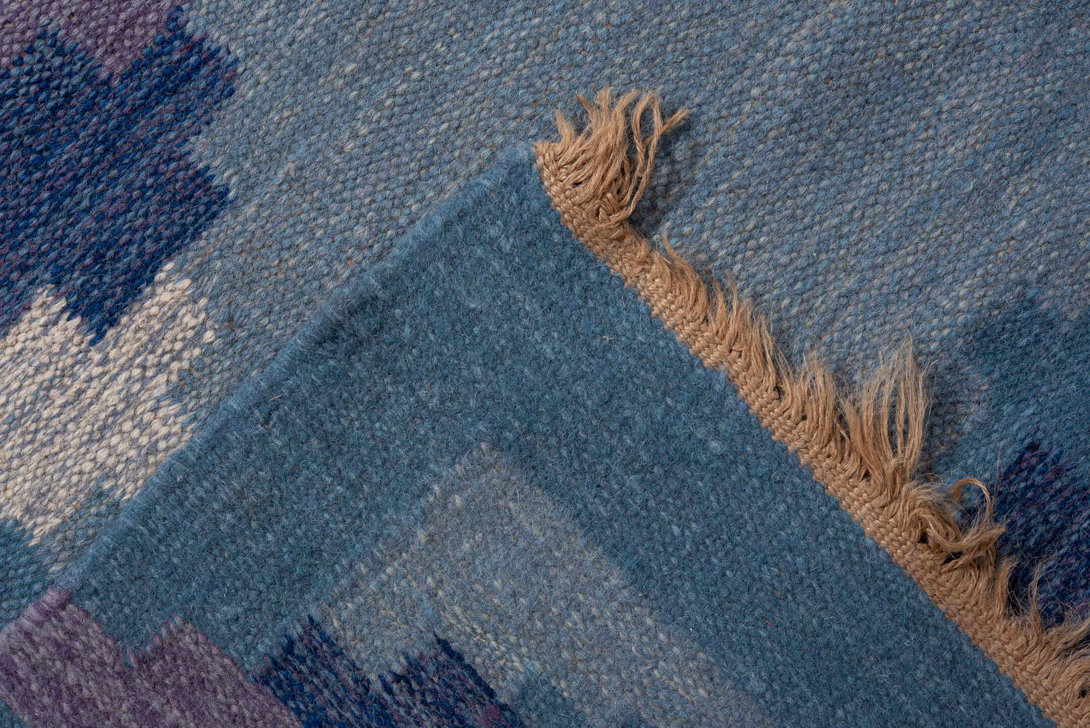 5' x 7' one-of-a-kind handmade antique Rollaken rug. Color palette: sky blue, cornflower blue, navy, ivory, lavender, slate