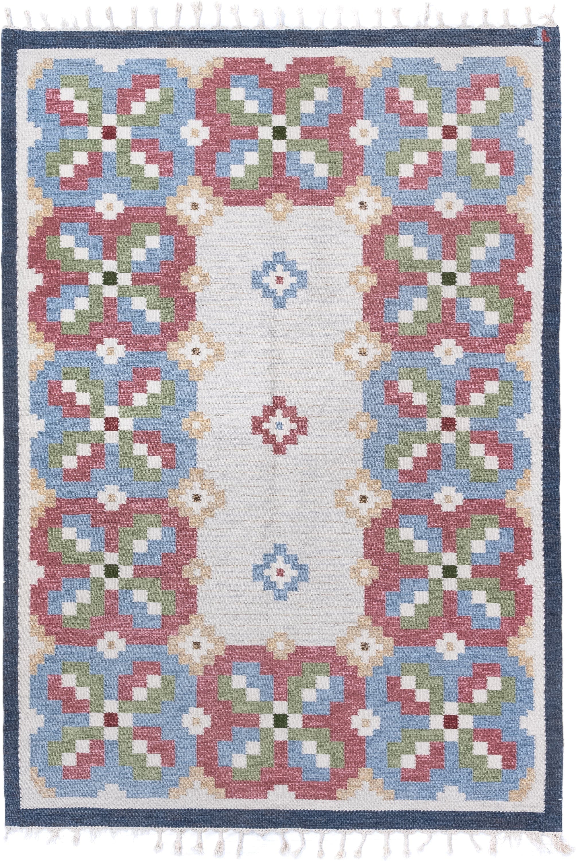 5' x 8' one-of-a-kind handmade antique Rollaken medium size rug. Color palette: ivory, dusty rose, sky blue, slate, sage
