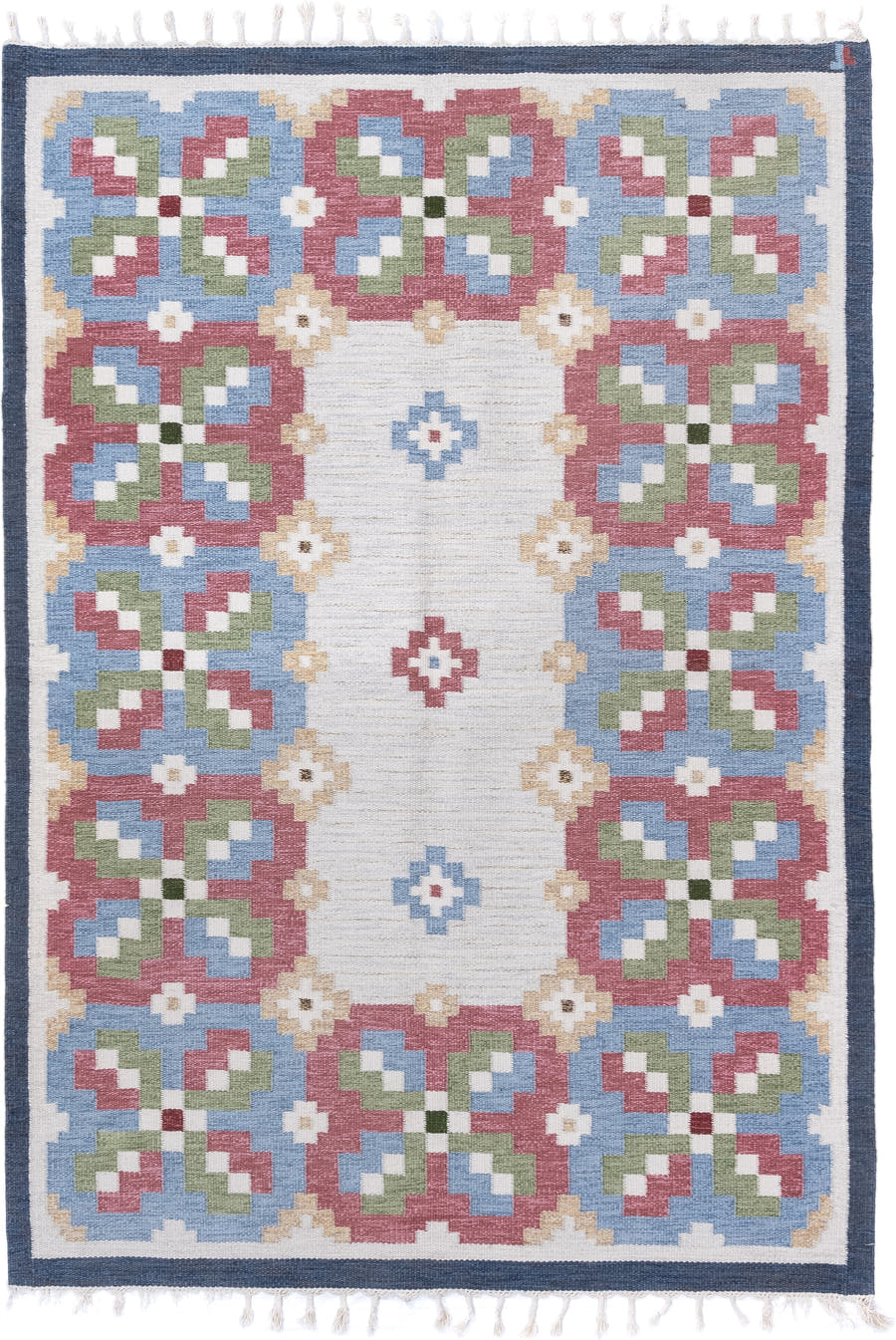 5' x 8' one-of-a-kind handmade antique Rollaken medium size rug. Color palette: ivory, dusty rose, sky blue, slate, sage