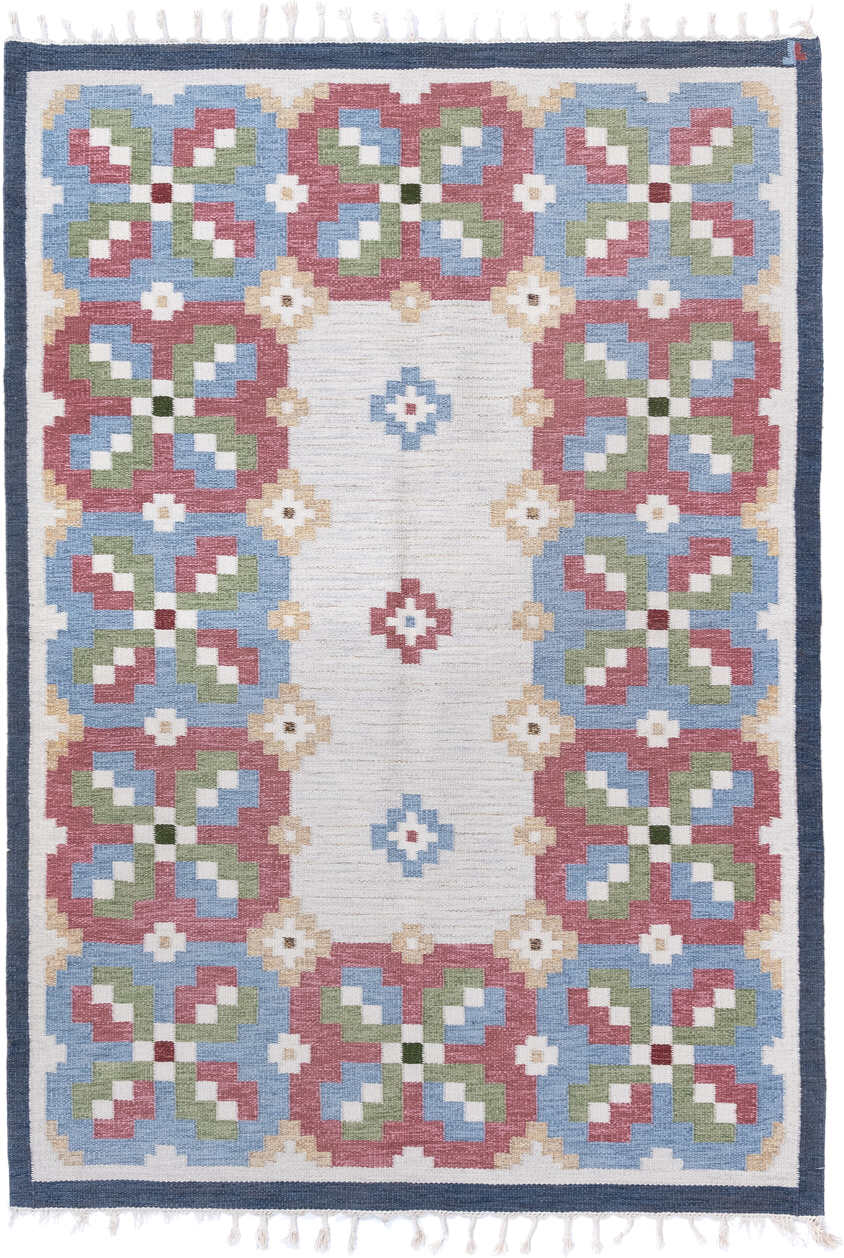 5' x 8' one-of-a-kind handmade antique Rollaken medium size rug. Color palette: ivory, dusty rose, sky blue, slate, sage