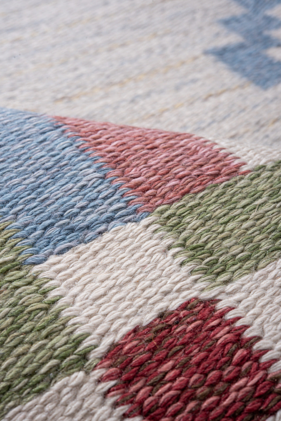 5' x 8' one-of-a-kind handmade vintage Rollaken medium size rug. Color palette: blue, brown, fiord, gainsboro, gray