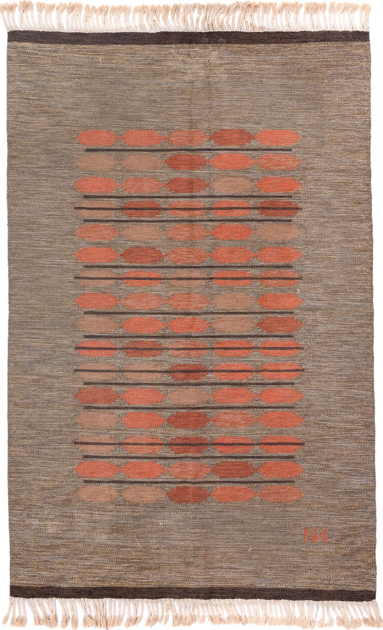 5' x 8' one-of-a-kind handmade antique Rollaken medium size rug. Color palette: taupe, coral, rust, brown, camel, terracotta