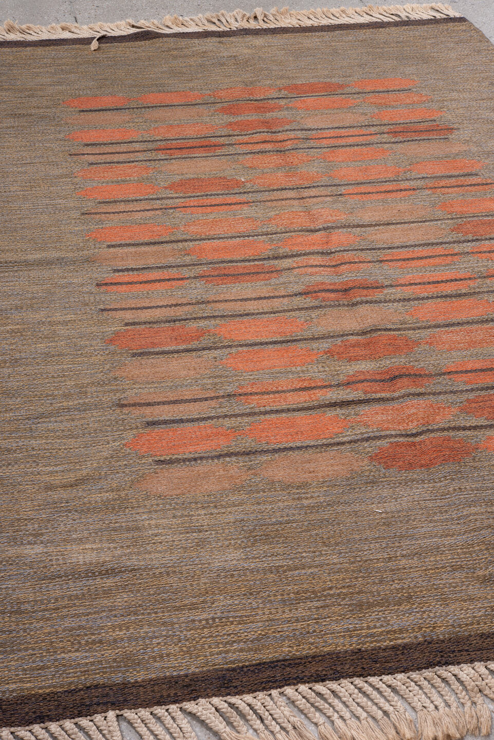 5' x 8' one-of-a-kind handmade antique Rollaken medium size rug. Color palette: taupe, coral, rust, brown, camel, terracotta