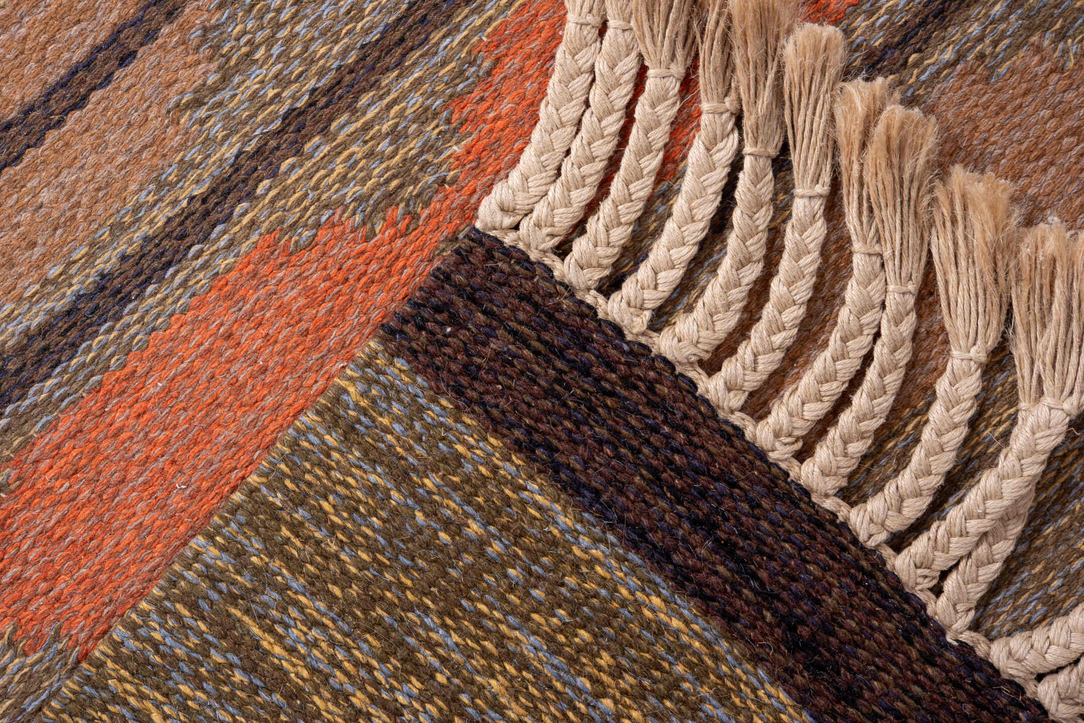 5' x 8' one-of-a-kind handmade vintage Rollaken medium size rug. Color palette: brown, dark salmon, gray, light gray