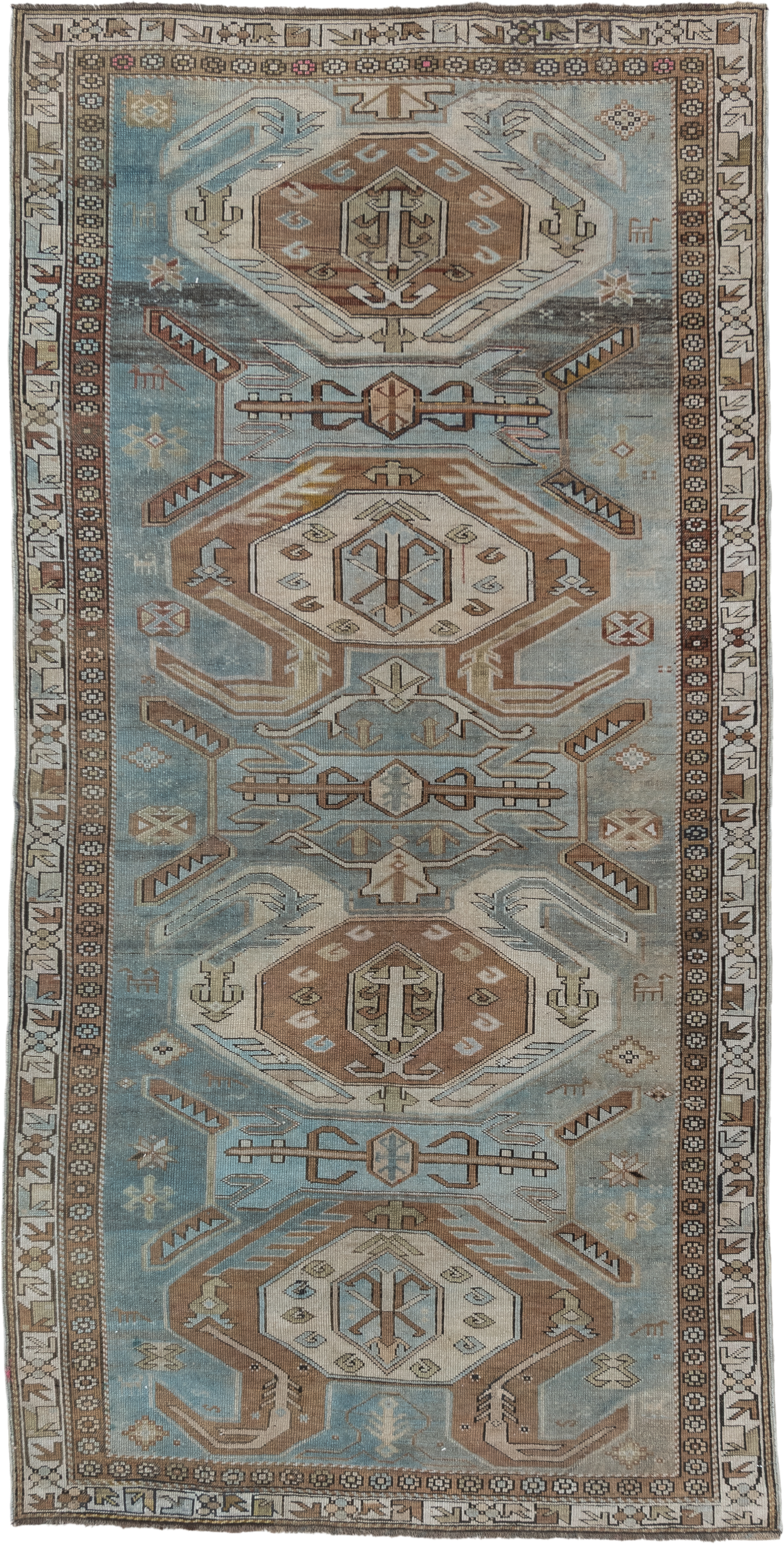 3' x 7' one-of-a-kind handmade vintage Tabriz runner rug. Color palette: sky blue, taupe, ivory, camel, brown, slate, rust
