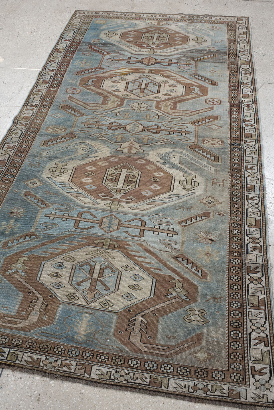 3' x 7' one-of-a-kind handmade vintage Tabriz runner rug. Color palette: sky blue, taupe, ivory, camel, brown, slate, rust
