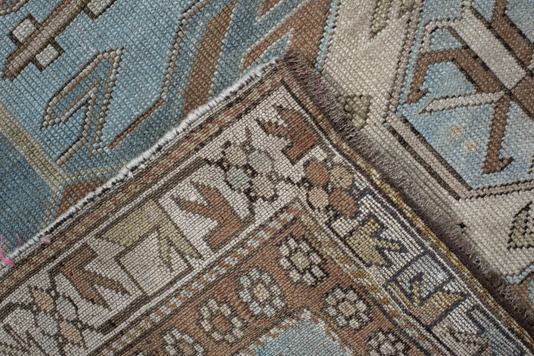 3' x 7' one-of-a-kind handmade vintage Tabriz runner rug. Color palette: sky blue, taupe, ivory, camel, brown, slate, rust