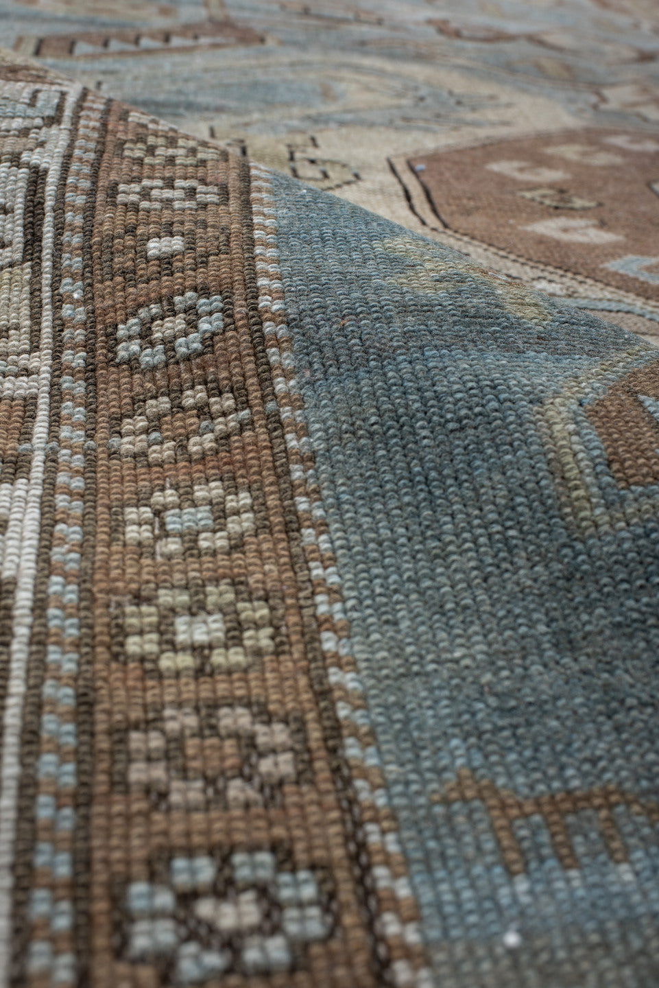 3' x 7' one-of-a-kind handmade vintage Tabriz runner rug. Color palette: sky blue, taupe, ivory, camel, brown, slate, rust