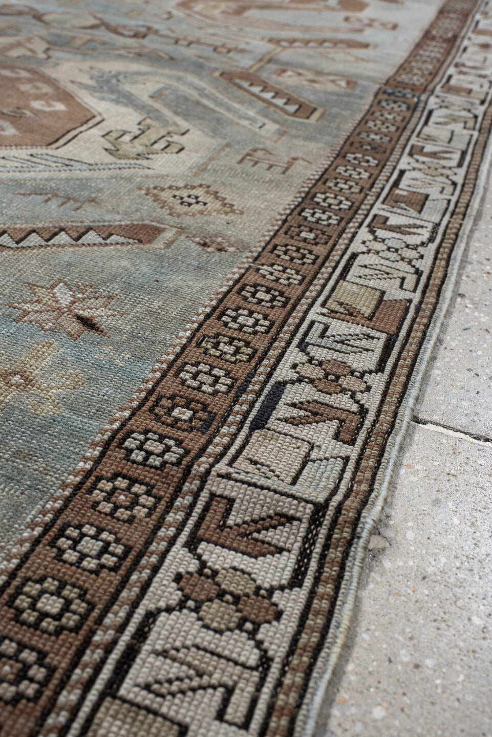 3' x 7' one-of-a-kind handmade vintage Tabriz runner rug. Color palette: sky blue, taupe, ivory, camel, brown, slate, rust