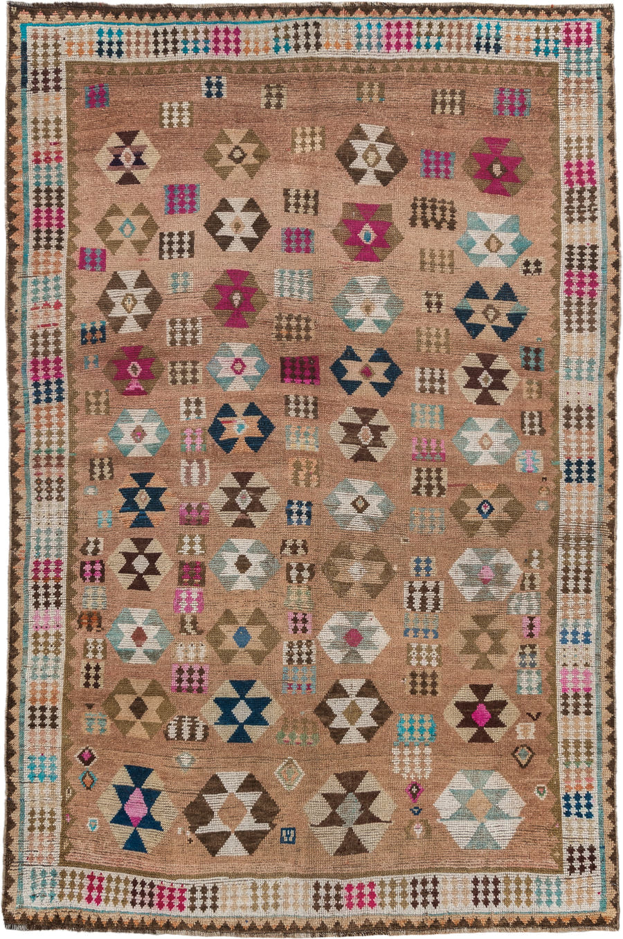 4' x 7' one-of-a-kind handmade vintage Gabbe rug. Color palette: camel, ivory, brown, turquoise, magenta, taupe, navy, rose