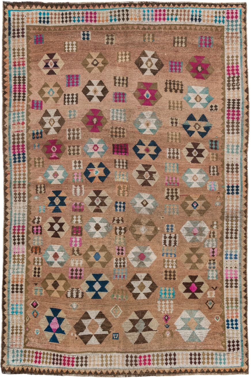 4' x 7' one-of-a-kind handmade vintage Gabbe rug. Color palette: camel, ivory, brown, turquoise, magenta, taupe, navy, rose