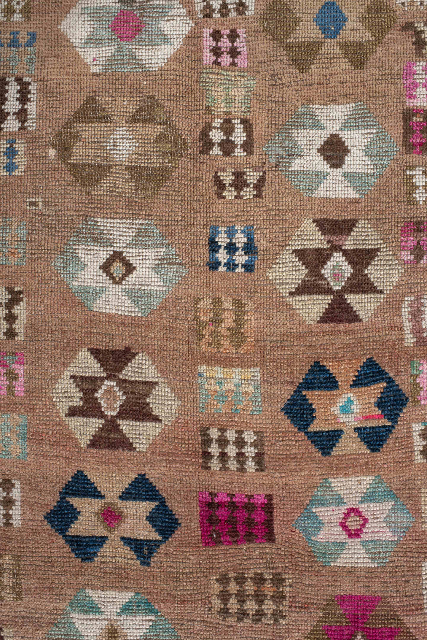 4' x 7' one-of-a-kind handmade vintage Gabbe rug. Color palette: camel, ivory, brown, turquoise, magenta, taupe, navy, rose