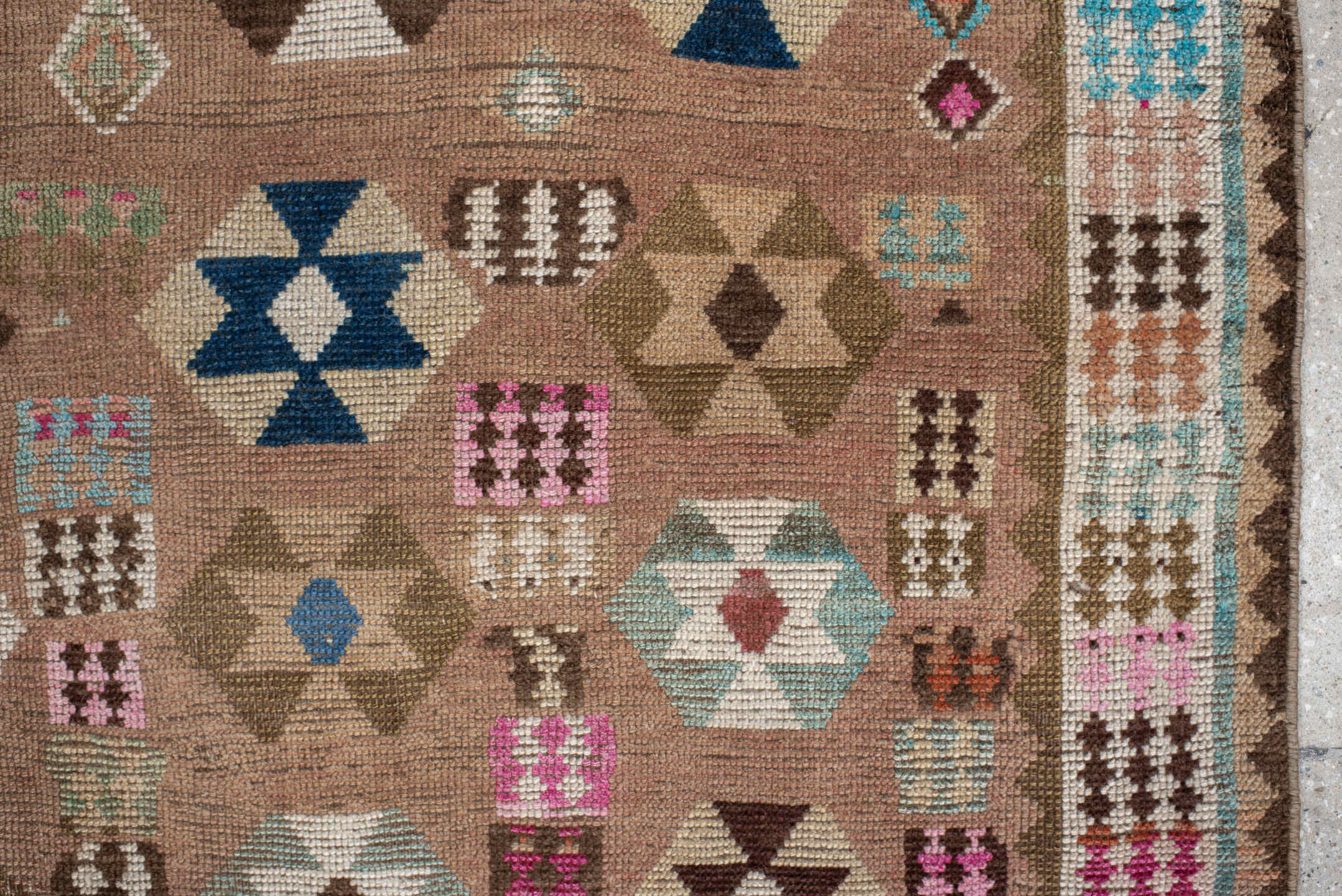 4' x 7' one-of-a-kind handmade vintage Gabbe rug. Color palette: camel, ivory, brown, turquoise, magenta, taupe, navy, rose