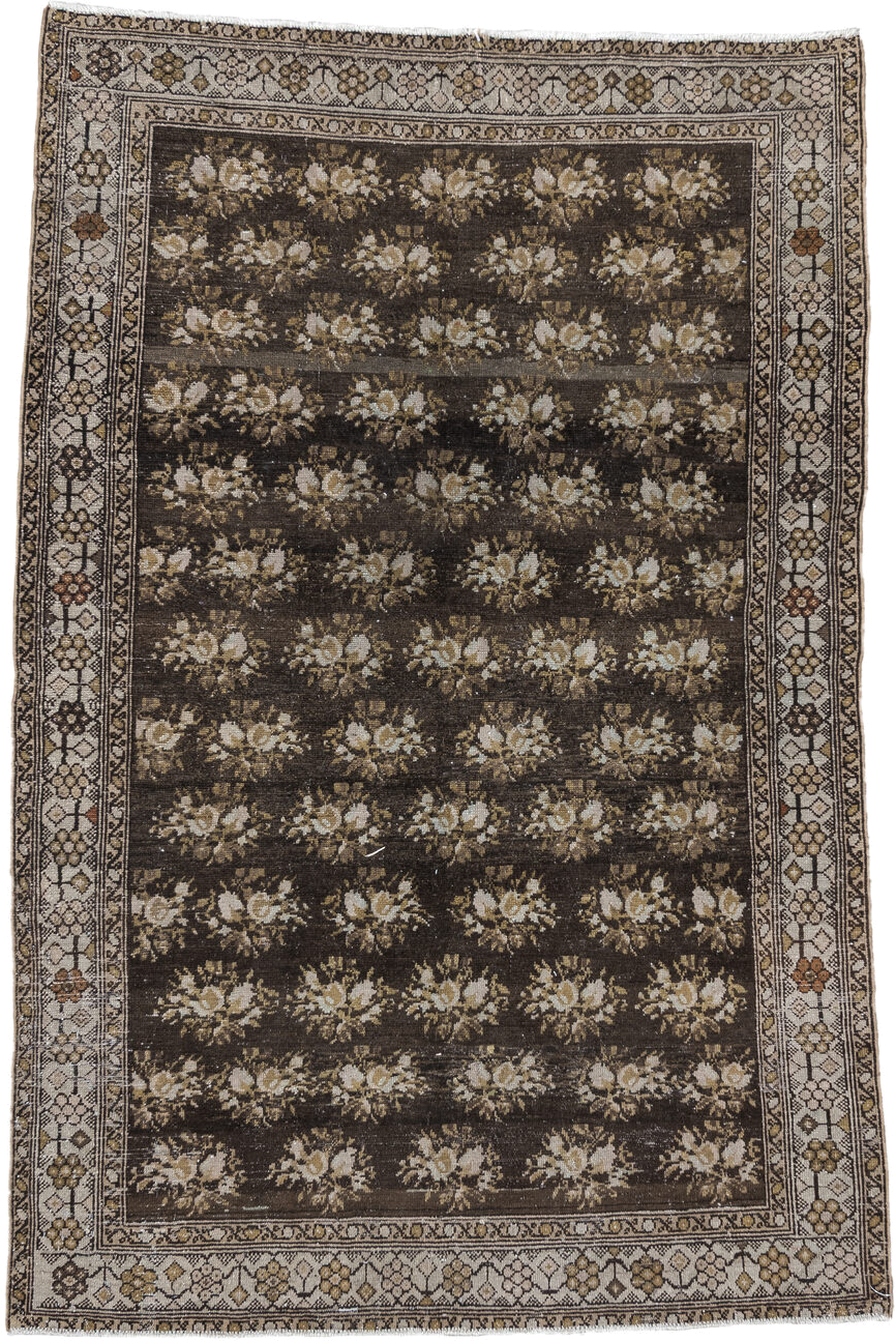 4' x 7' one-of-a-kind handmade vintage  rug. Color palette: brown, ivory, taupe, camel, charcoal, gold, rust, beige, gray