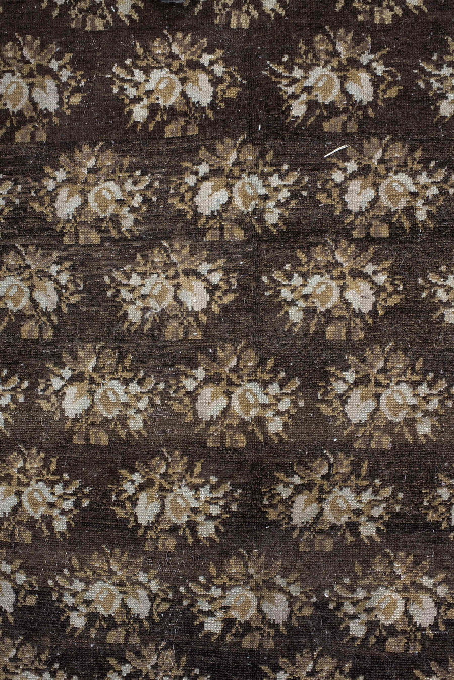 4' x 7' one-of-a-kind handmade vintage  rug. Color palette: brown, ivory, taupe, camel, charcoal, gold, rust, beige, gray