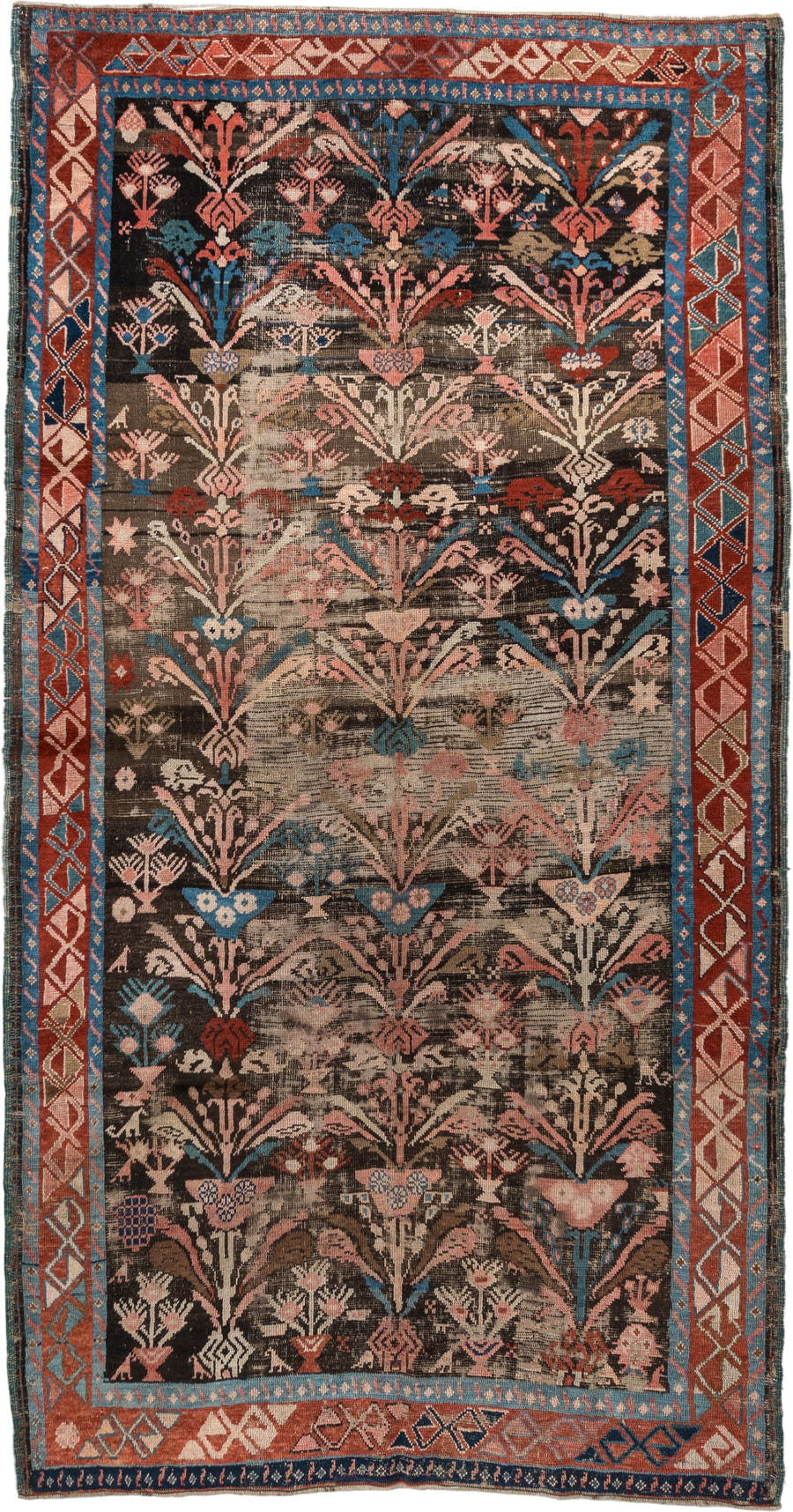 4' x 8' one-of-a-kind handmade vintage Karabagh rug. Color palette: charcoal, rust, ivory, turquoise, rose, taupe, navy