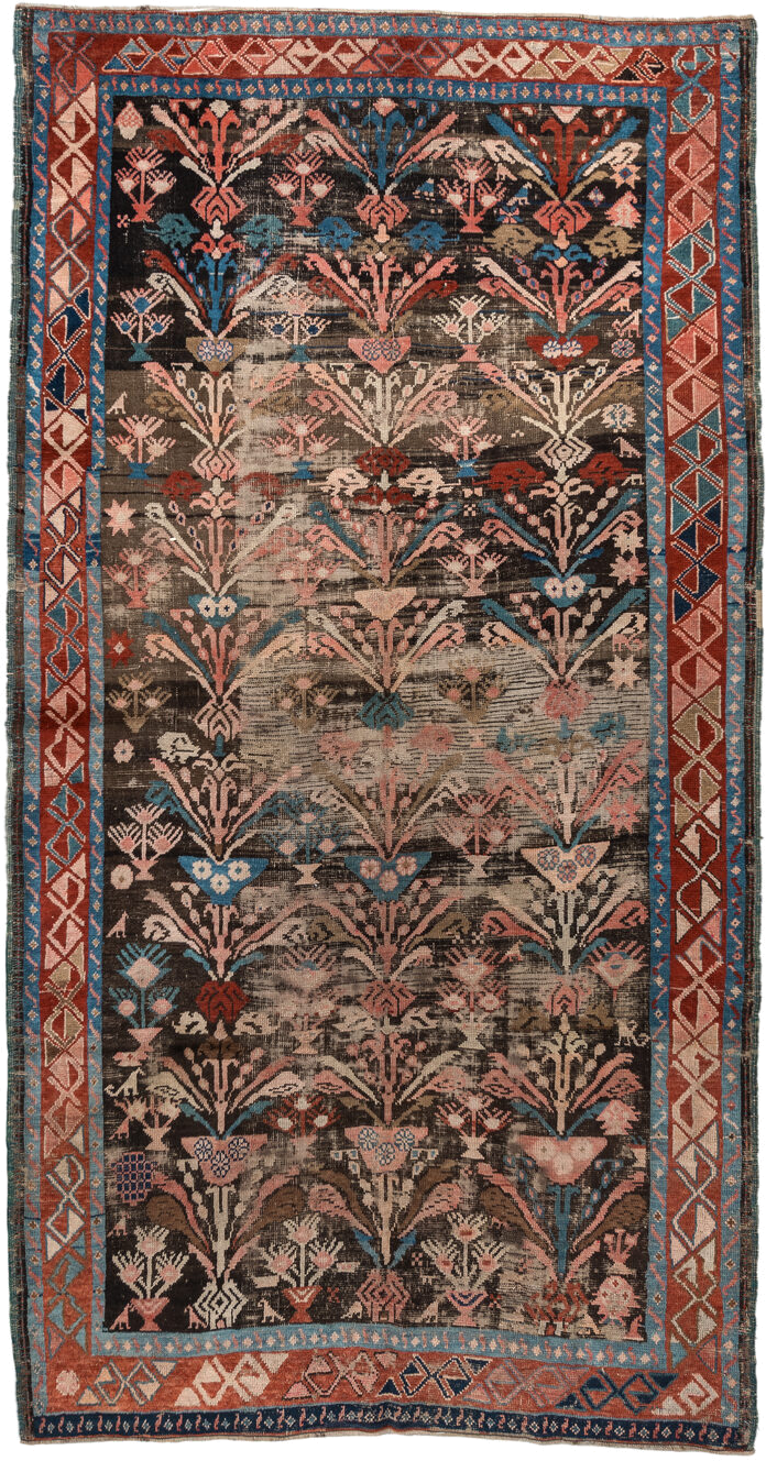 4' x 8' one-of-a-kind handmade vintage Karabagh rug. Color palette: charcoal, rust, ivory, turquoise, rose, taupe, navy